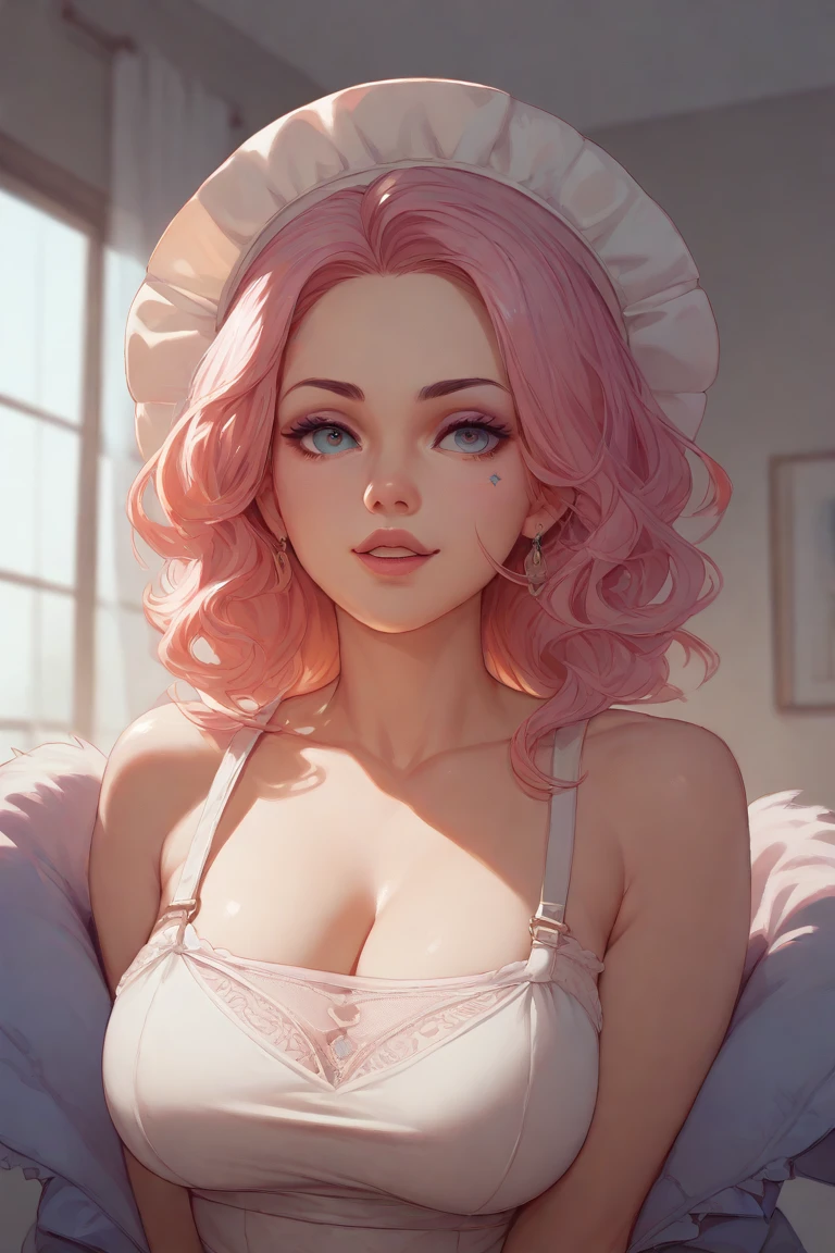 Best Quality, Masterpiece, Portrait, Perfect Anatomy, Femininity, Cool, Flawless, One Woman, Solo, Sexy, Stylish, Mature, Purple Eyes, Long Light Pink Hair, Big Breasts, Red Lipstick, Big Breasts, In a Sexy Sheer Top, portrait, full face? with a cup of hot coffee, morning, against the background of the room