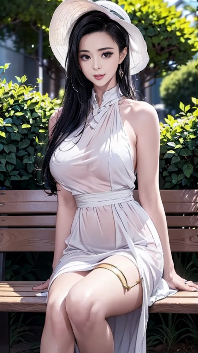 (ultra realistic) , (illustration), (increase resolution), (8K), (extremely detailed), (best illustration), (beautiful detailed eyes), (best quality), (ultra-detailed), (masterpiece), (wallpaper), (detailed face), 1 girl, black straight hair, plump breasts, slender body, delicate details, in the dark, deep shadow, low key, pureerosfaceace_v1, happy smile, summer dress, waterfall, rainforest