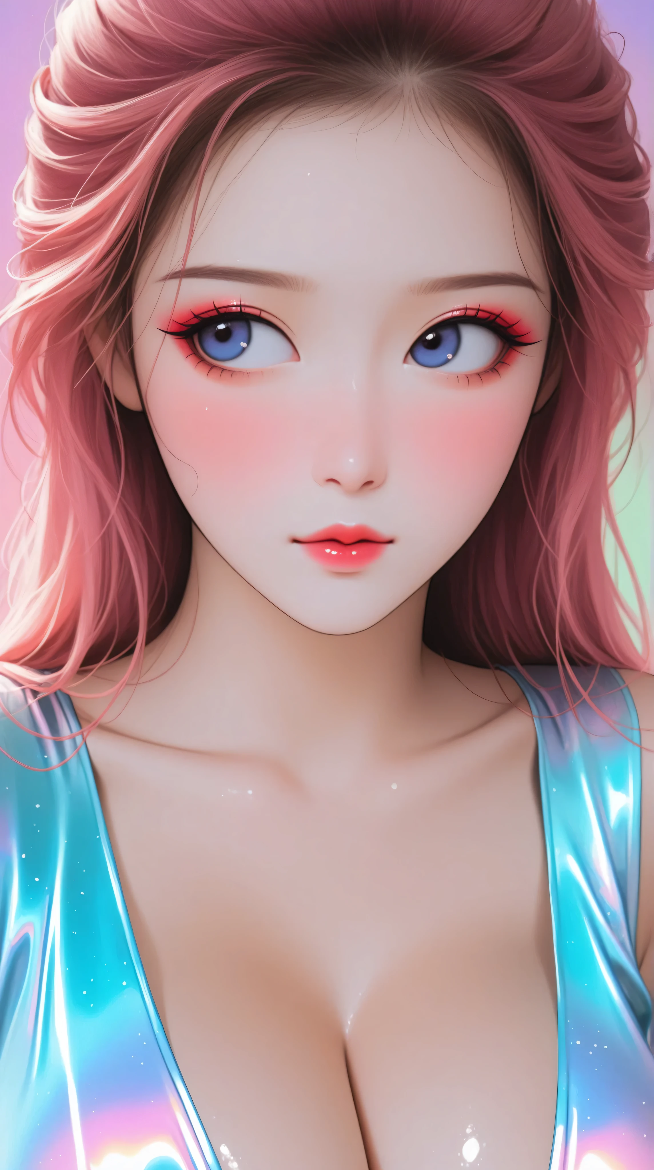 80’s glam rock makeup on shiny android face, anime, 2.5D, Glittery face, moody lighting, (purples, pinks, and blues), iridescent face, abstract ai model, pretty, sexy, minimal, sleek, slender, asian, elegant, futuristic, retro, sophisticated half human half machine, close up face portrait, big breasts, cleavage, Kizi,(eyes looking off to side), Highly detailed, Amazing work,Vitreous luster, blues, purples, pinks, Best quality at best,shiny skin, no background, colorful background, green background, pink background, purple background, blue background, plunging neckline, sexy pose, dynamic pose, heavy blushing, huge breasts,