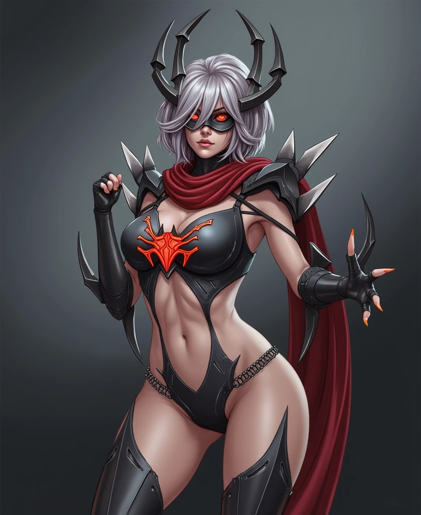 masterpiece, best quality, 1girl, elise, spidergirl, red eyes, large breasts, cleavage, black lips, makeup, eyeshadow, full body, standing, flipflops,smile, possing kungfu