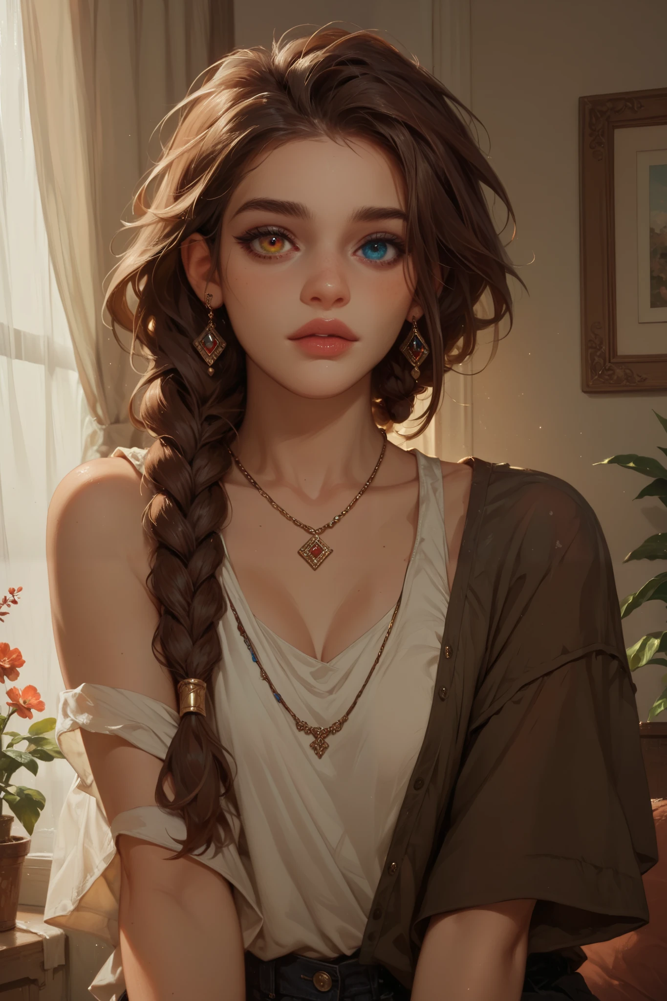 Tall brunette woman with braided hair in reddish brown color ,  with heterochromia in the eyes, one gray and the other brown , loose and stripped clothes ,  comfortable ,  necklaces bracelets and bracelets make up her style 

Generate a single woman remember she's a brunette 