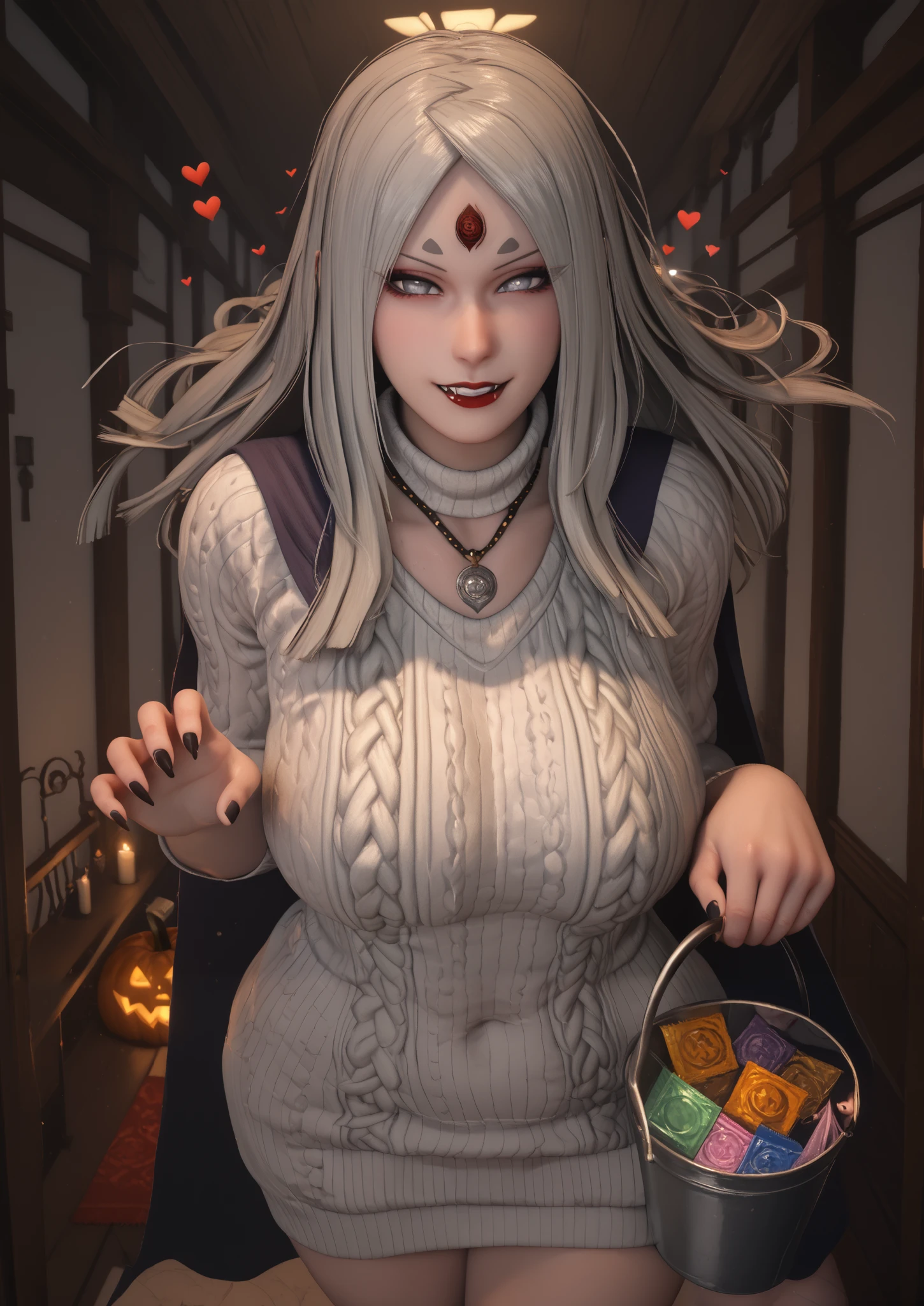 score_9, score_8_up, score_7_up, score_6_up, uncensored, OotsutsukiKaguyaER, white skin, long hair, silver hair, third eye, hrons, grey eyes, makeup, lipstick, red lipstick, large breasts, (voluptuous:1.3), (thick:1.3), BREAK UHD, retina, masterpiece, accurate, anatomically correct, textured skin, super detail, high details, high quality, award winning, best quality, highres, 4K BREAK, hearts, pleasured, 1girl, breasts, mature female, solo, navel, virgin destroyer sweater, necklace, standing, claw pose, holding bucket, halloween, looking at viewer, fangs, smirk, collarbone, condom, condom box, thighs, curvy, hallway, dim light, cape, black nails, 3d, cgi
