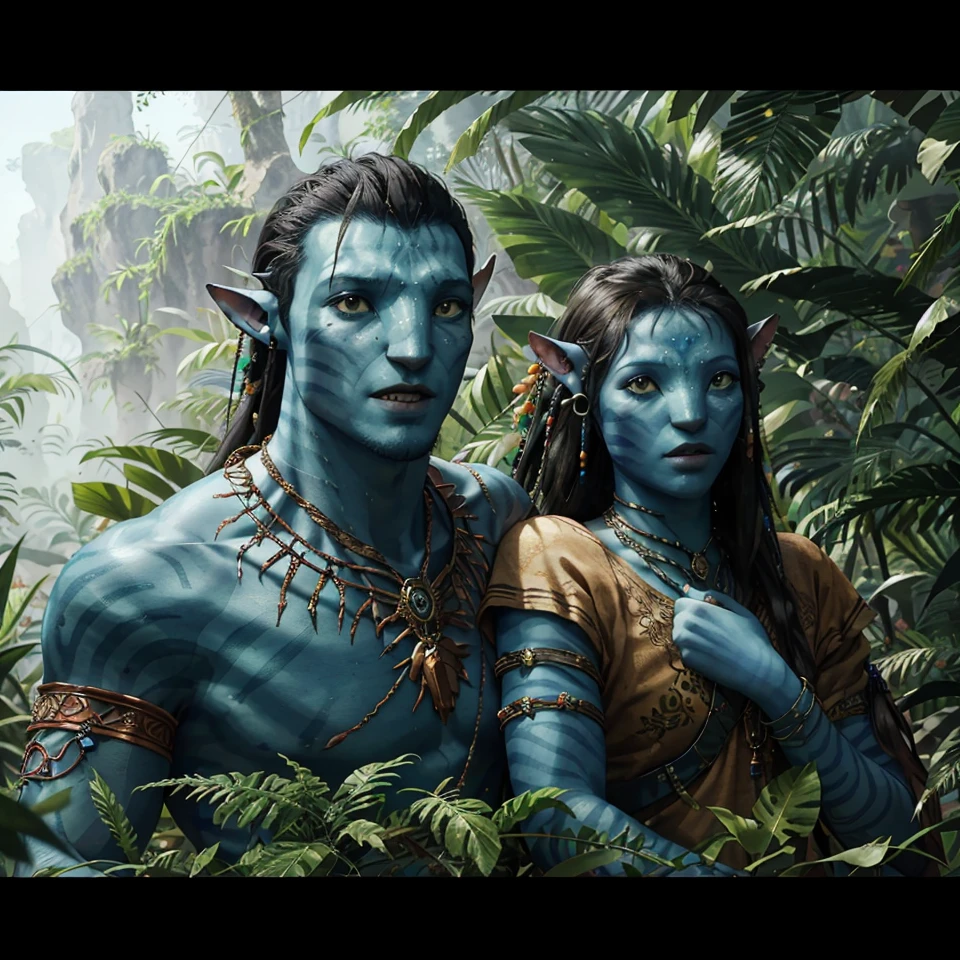 A Navi Avatar of the Omaticaya clan hugging a human girl in the middle of the beautiful Pandora forest