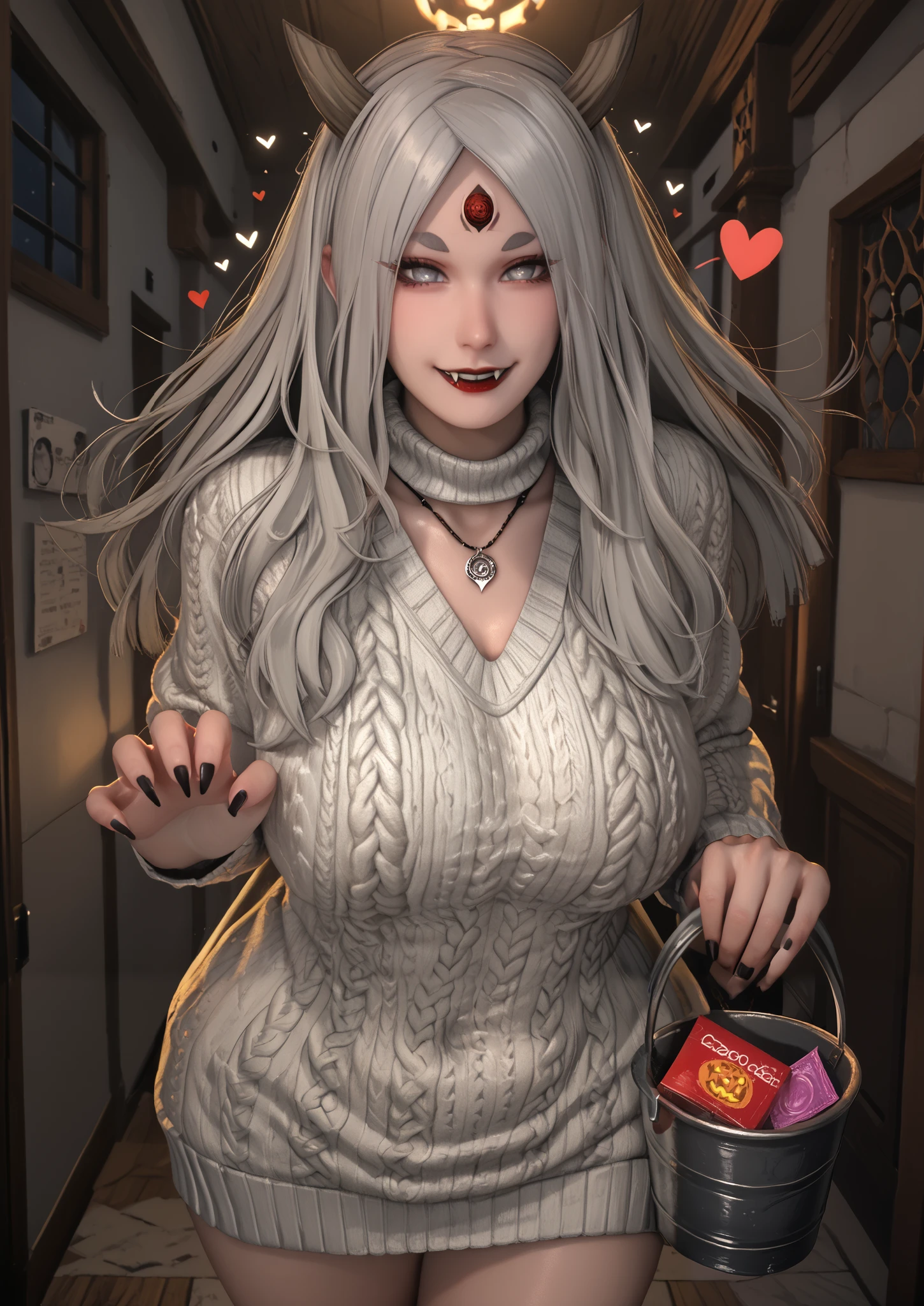 score_9, score_8_up, score_7_up, score_6_up, uncensored, OotsutsukiKaguyaER, white skin, long hair, silver hair, third eye, hrons, grey eyes, makeup, lipstick, red lipstick, large breasts, (voluptuous:1.3), (thick:1.3), BREAK UHD, retina, masterpiece, accurate, anatomically correct, textured skin, super detail, high details, high quality, award winning, best quality, highres, 4K BREAK, hearts, pleasured, 1girl, breasts, mature female, solo, navel, virgin destroyer sweater, necklace, standing, claw pose, holding bucket, halloween, looking at viewer, fangs, smirk, collarbone, condom, condom box, thighs, curvy, hallway, dim light, cape, black nails, 3d, cgi