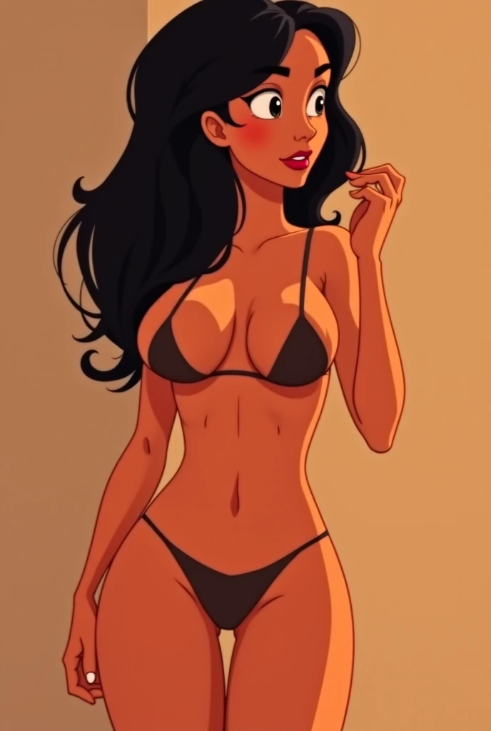 ((((masterpiece, best quality)))), ((30 year old)), (((Curvy))), ((Latina with long black hair that has curled bangs)), in ((white bra)), pulling up ((white high cut panties)), Dark eyes, ((Red lipstick)), ((Standing in a bathroom)), (((Western cartoon style)))