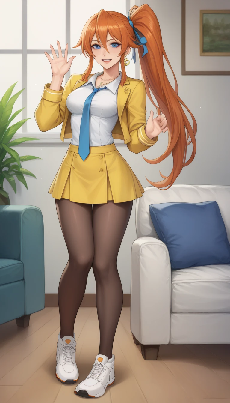 (((Standing posture)))、((Shiny underwear)))、Uniform Blazer、Beautiful beauty、Long Orange Hair、((whole body))、(((Photo taken from below)))、School、classroom、Large Breasts、Large Breastsのスカート、Panties are black、Japanese、expensive、Long limbs、18-year-old、Orihime Inoue、A beautiful nose like a model、Please put your hands on your hips、Natural smile、Sexy pose