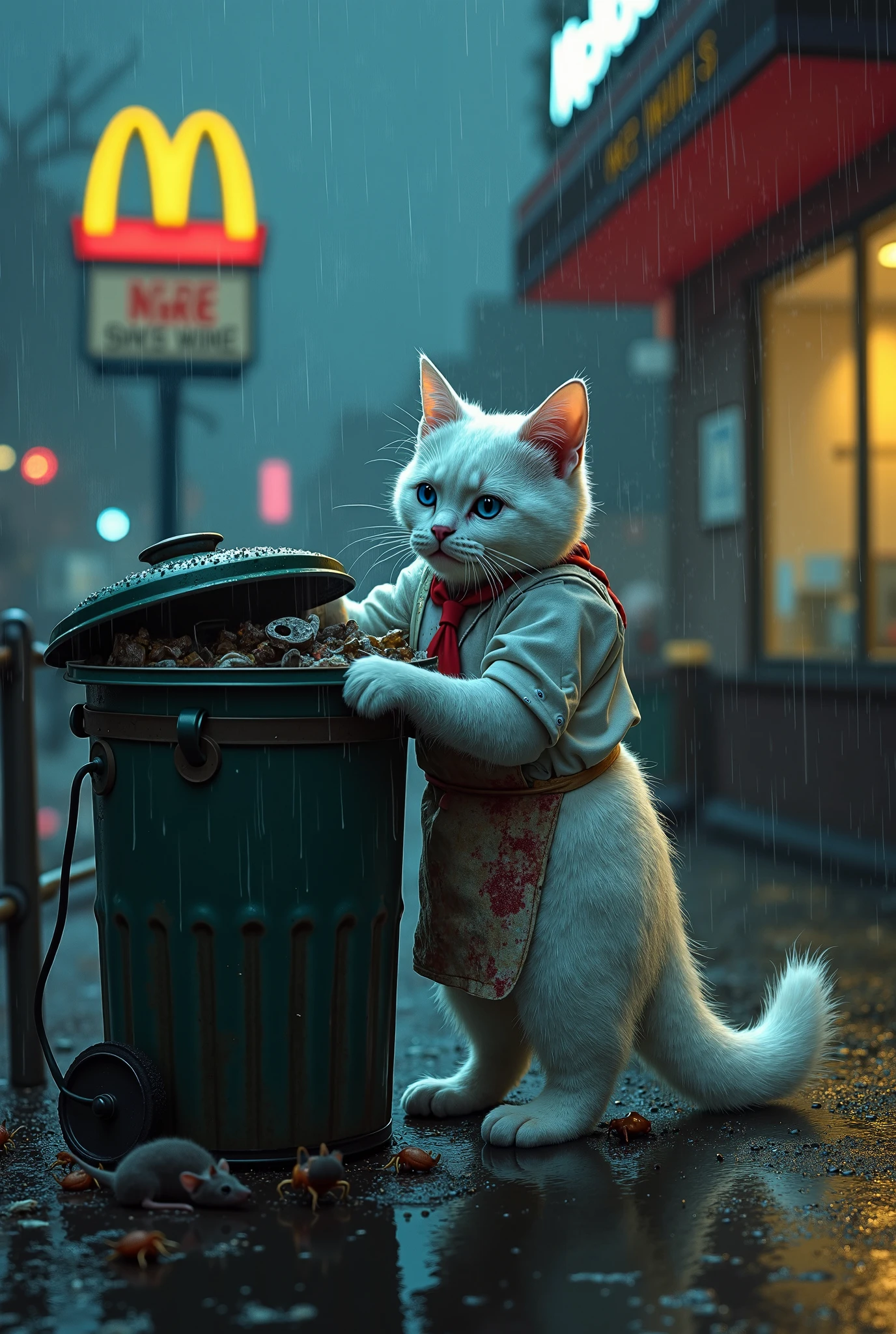 There is a cat that is standing next to a trash can - SeaArt AI