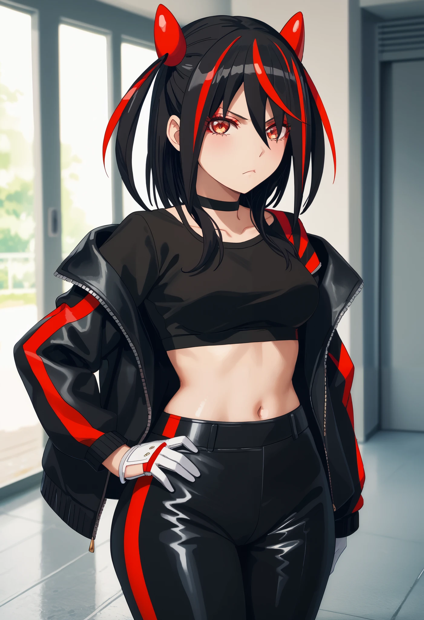 Score_9, Score_8_up, Score_7_up, bright skin: 0.1, anime_source, deep skin, high quality, high resolution, (curvy), ((wide hips)), medium breasts, cute, sexy, 1 girl, BREAK HaneruEmi, HaneruEmi, long hair, black hair, red highlights, red eyeshadow, red eyes, spiky hair, hair between eyes, side locks, black crop top, open jacket, black leather jacket, horns, choker, gold bracelet, black leather pants, white short gloves, white shoes, two-tone sneakers, black stockings, abdomen, (only , (sexy pose), open leg, seduce, excite, flirt, sexual, look at viewer, frown, tease)