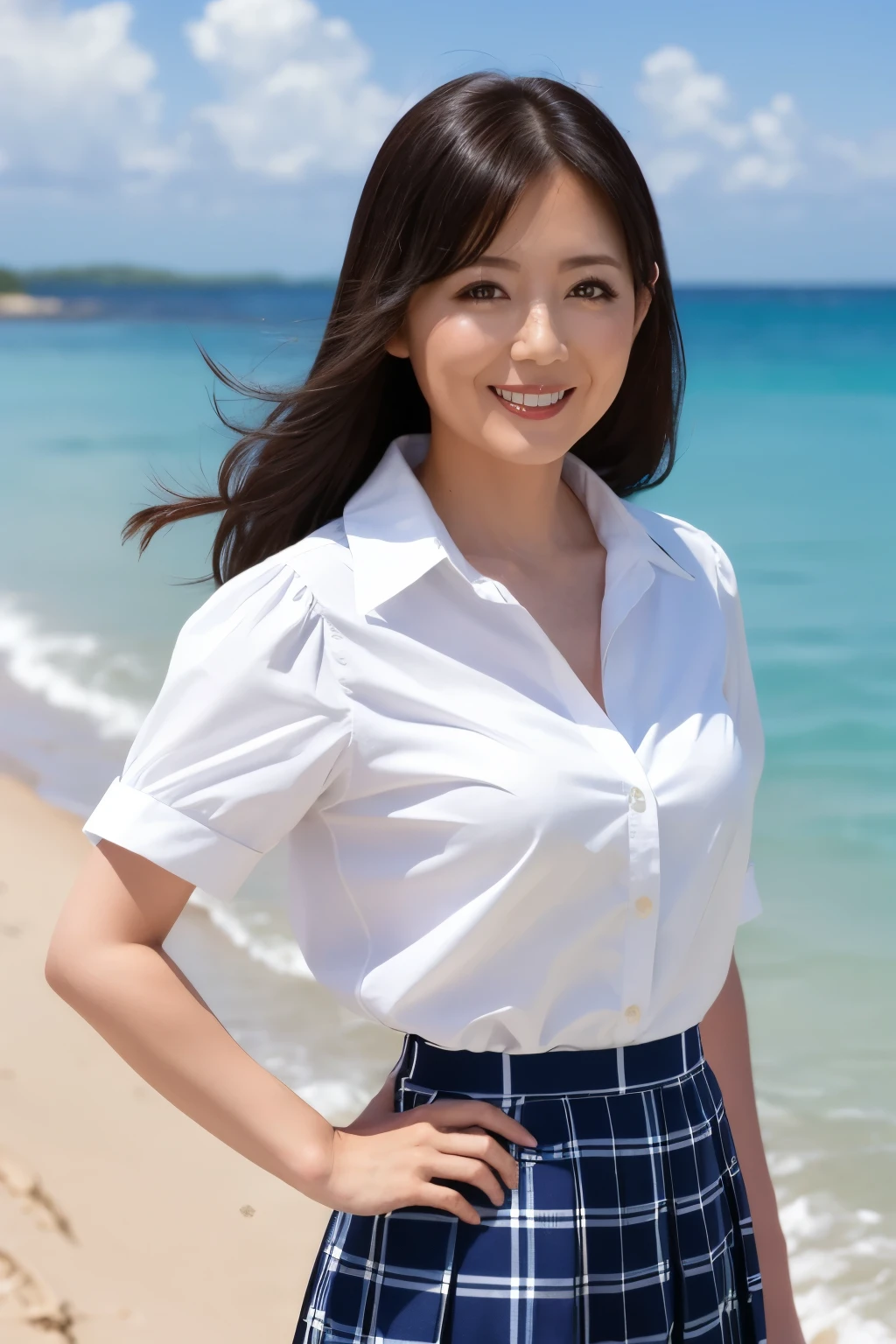 (  best quality  、  table top、8k、  best image quality  、Award-winning works)、 Beautiful high school students、50 years old、(  white polyester collared open collar shirt:1.3)、(  small breasts:1.2)、(The chest is open、  small breasts元が見えます:1.4)、(  navy check pleated skirt  :1.2)、  portrait photo of a beautiful woman  、 growing skin、  She's Standing Gracefully  、(wide々  Beautiful Beach Backdrop  :1.2)、(Most clear, Shine,  beautiful ocean:1.1)、Beautiful blue sky、 Beautiful cumulonimbus clouds 、smile、美しい歯を見せてsmile、(Cute gravure pose  :1.2)、(Brightest and Brightest :1.4)