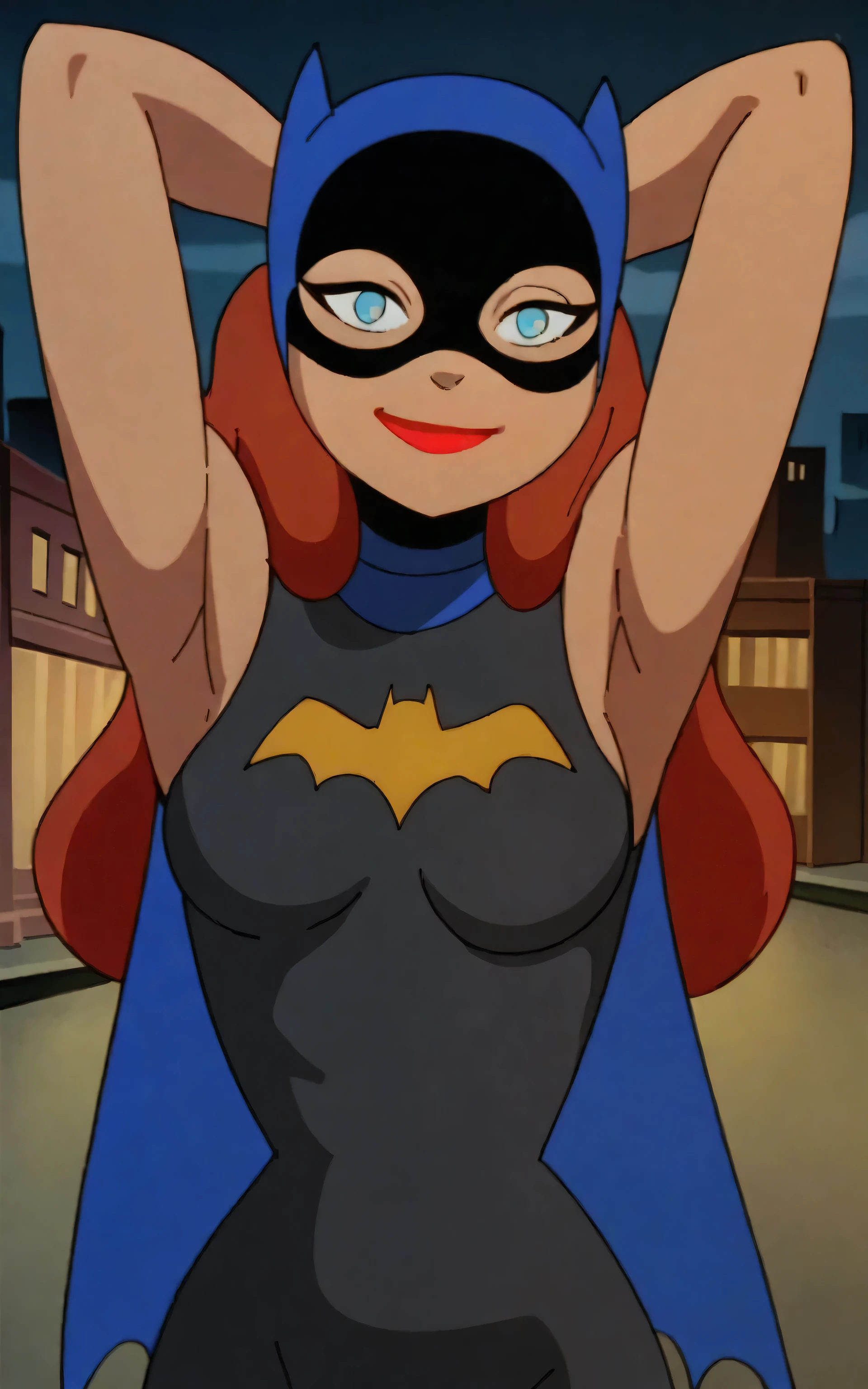 score_9, score_8_up, score_7_up, source_anime, anime screencap, 1girl, solo, BatgirlDCAU, lipstick, cape, medium breasts, blue eyes, mask, bodysuit, sleeveless, superhero, red lips, makeup, long hair, brown hair, bare shoulders, bare arms, arms behind head, armpits, head towards viewer, smile, closed mouth, badhandv4, outdoors, night, city, Gotham