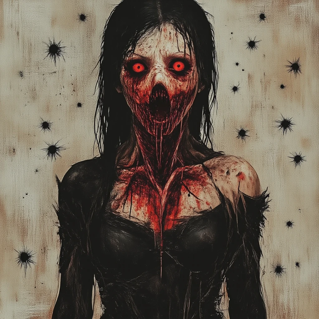 create a realistic image of an ugly woman with bleeding eyes, blood, horror, night, bleeding eyes, realistic image