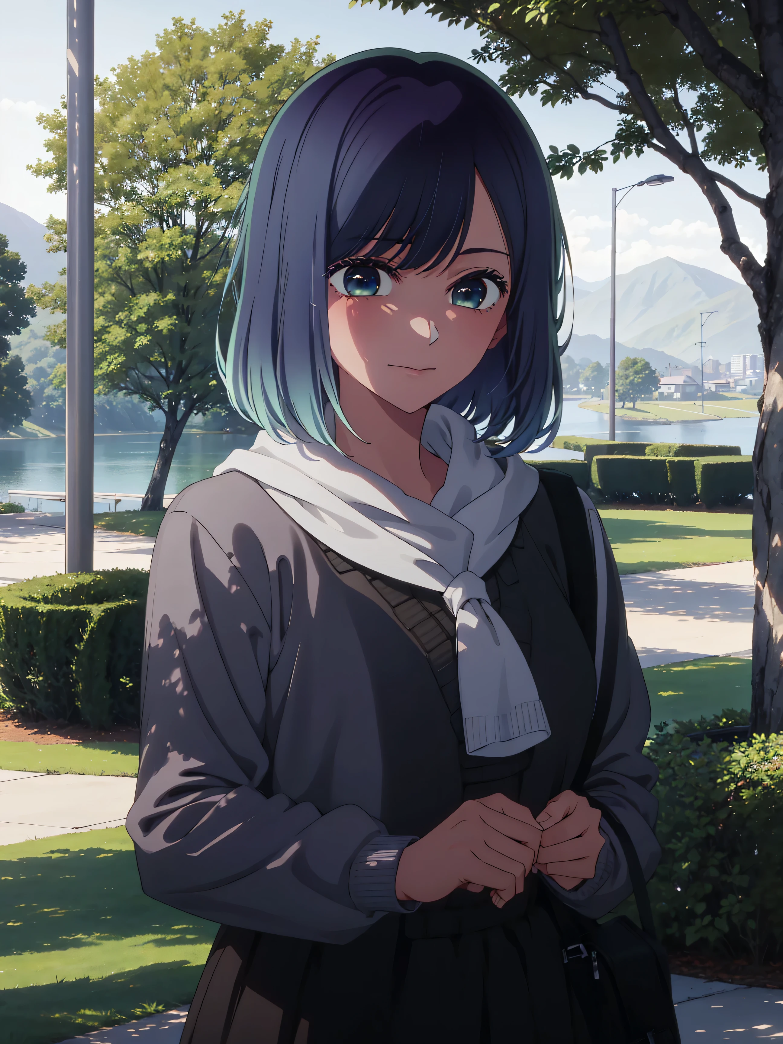 Akane Kurokawa,  masterpiece,  good quality ,  a girl, alone, smile, blushing, beautiful,  winked blue hair,  short hair,  looking at the spectator,  green eyes,  short hair, Bleached hair,  blue eyes,  detailed face ,  perfect face ,  perfect body , detailed eyes,  white sweater,  long black skirt , blue scarf,  winked blue hair, Evening, Background of a park near a lake,  atmospheric lighting  