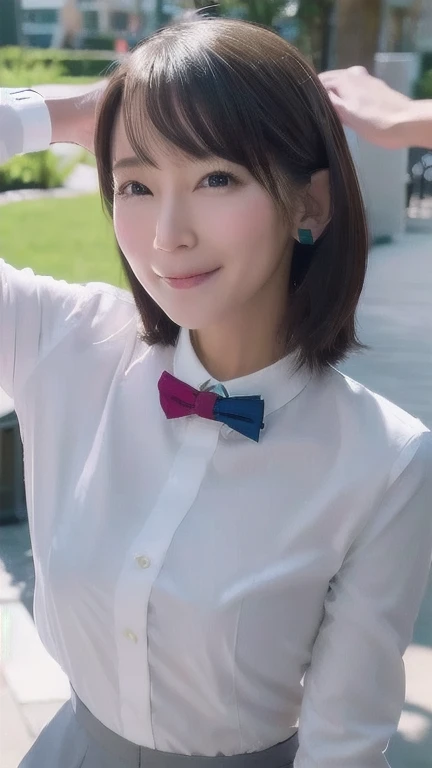  1 Woman , beauty, beautiful faces,smile, stares at viewers,OL,Wearing a suit, Hall々A stylish appearance , Perfect Style ,  jacket , Cleevidge , bust,（）,( panties that make a kissing face), Aerial View , Front Map,  ultra-realistic  , Ultra Fine, best quality ,8k,Masterpiece