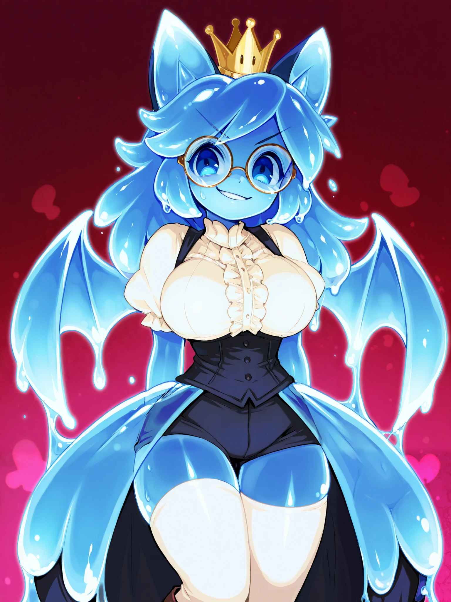 solo, blue hair, dragon wings, victorian era dress, black pants, white thighhighs, solo, blue skin, blue fox ears, princess crown, glasses, boots, smirk, big breasts, princess crown, blue fox slime ears, blue skin, cyan eyes, , colored skin, blue skin, colored skin, slime girl, (masterpiece), best quality, expressive eyes, perfect face, ,score_9, score_8_up, score_7_up,source_anime,BREAK, Translucent body,slime skin
