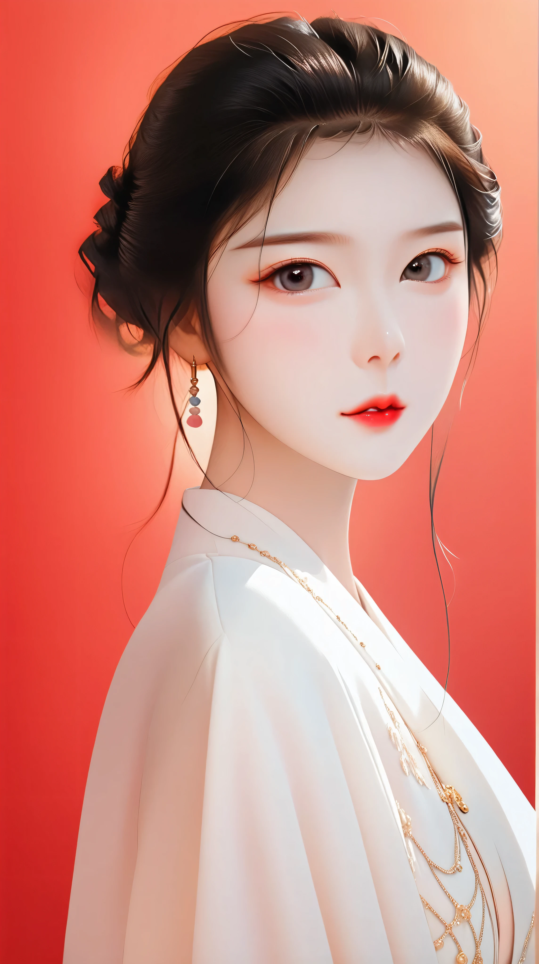 black leather lazing suit with open chest、Thick lips、depression、20 years old、woman、 black hair 、 red lips、 long straight hair、Bob、hime cut、 simple background、Kizi girl,Highly detailed, Amazing work,Vitreous luster,((clean backdrop)),In gold,(((red colors))),blacks,Best quality at best,clean backdrop, shiny skin, very young korean girl, petite, slender, sexy, heavy blushing, submissive, plain background, red background, gold background, black background, high fashion, huge breasts, retro pinup girl style,