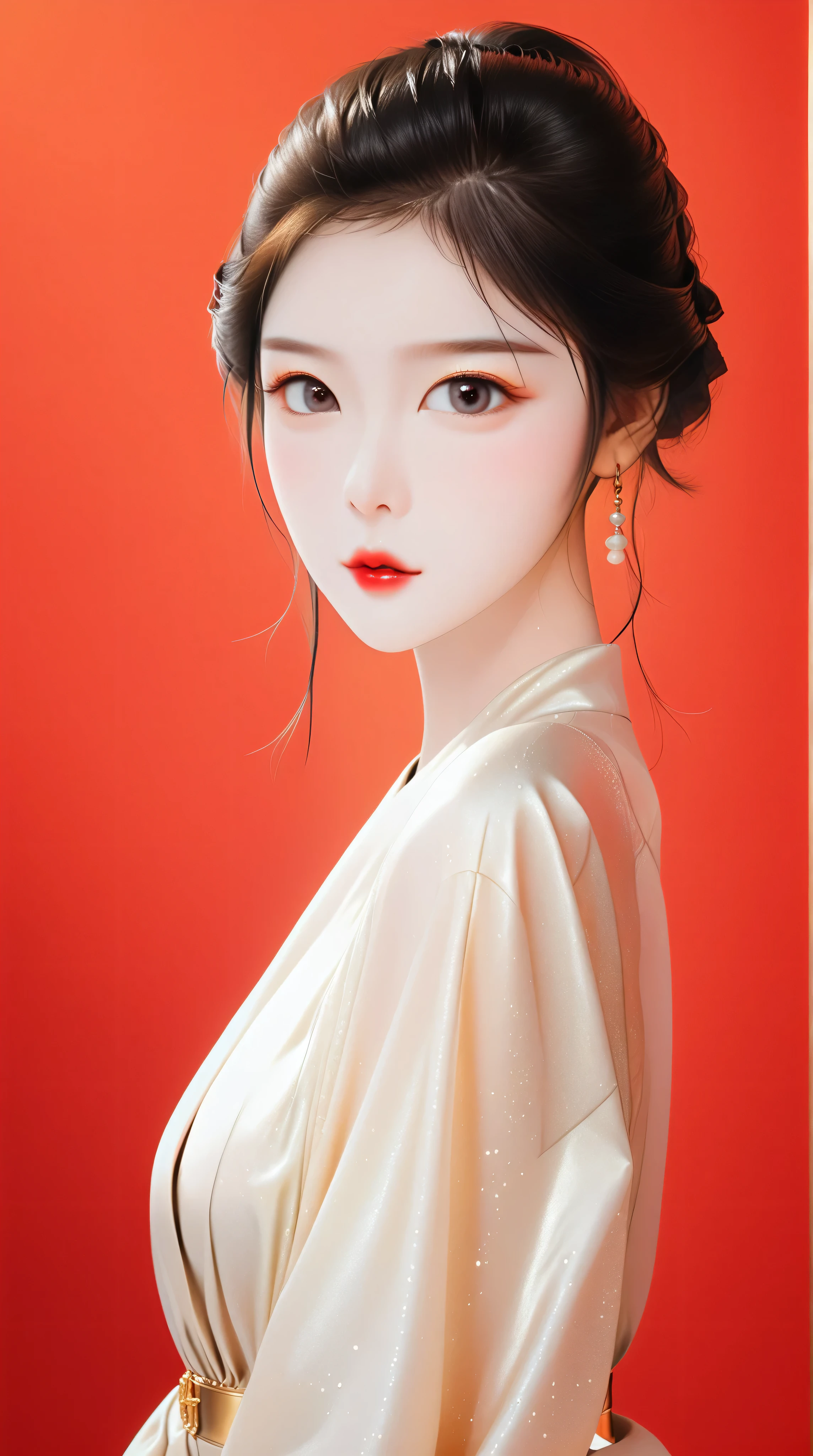 black leather lazing suit with open chest、Thick lips、depression、20 years old、woman、 black hair 、 red lips、 long straight hair、Bob、hime cut、 simple background、Kizi girl,Highly detailed, Amazing work,Vitreous luster,((clean backdrop)),In gold,(((red colors))),blacks,Best quality at best,clean backdrop, shiny skin, very young korean girl, petite, slender, sexy, heavy blushing, submissive, plain background, red background, gold background, black background, high fashion, huge breasts, retro pinup girl style,