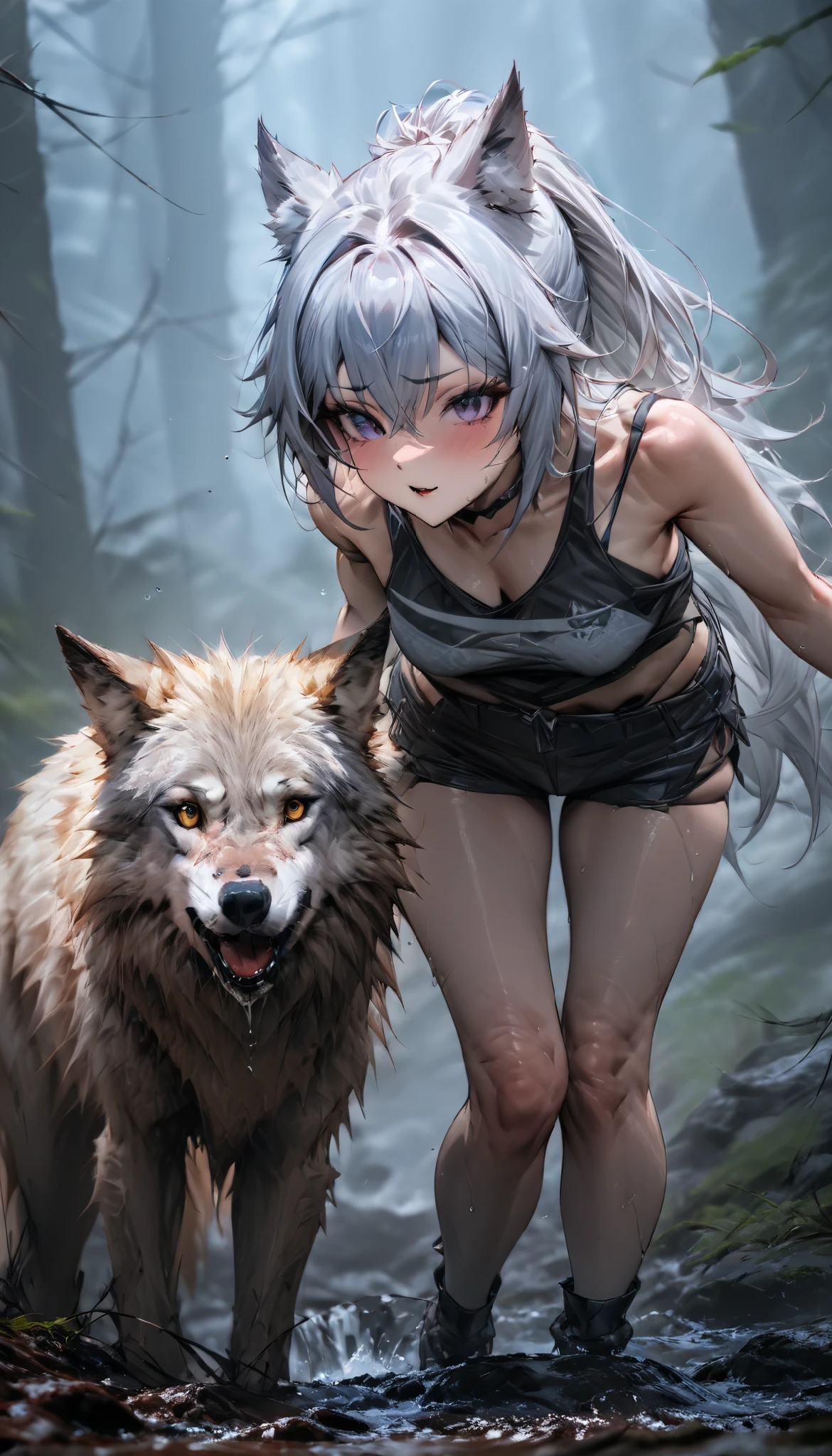 (((masterpiece:1.4))), (highest quality:1.4), (Ultra-high resolution:1.4), (best quality:1.2), (ultra detail:1.3), Unbelievable absurdity, One Girl, Wolf Girl and Wolf, In the great outdoors,
