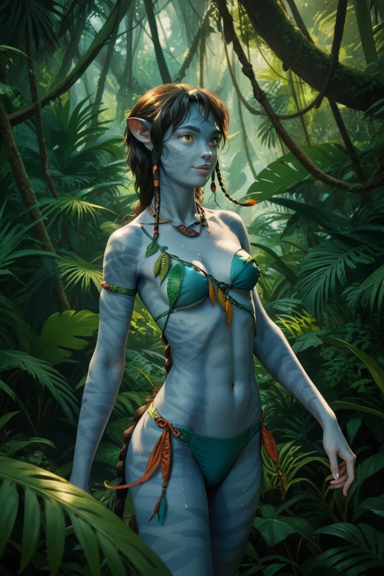 ((Super detailed, masterpiece, Absurd))
 Purchasing water, One girl, Blue Skin, Yellow Eyes, Black Hair, short hair, Push up your ass, Huge round breasts, Tribal loincloth, in the forest, smile
