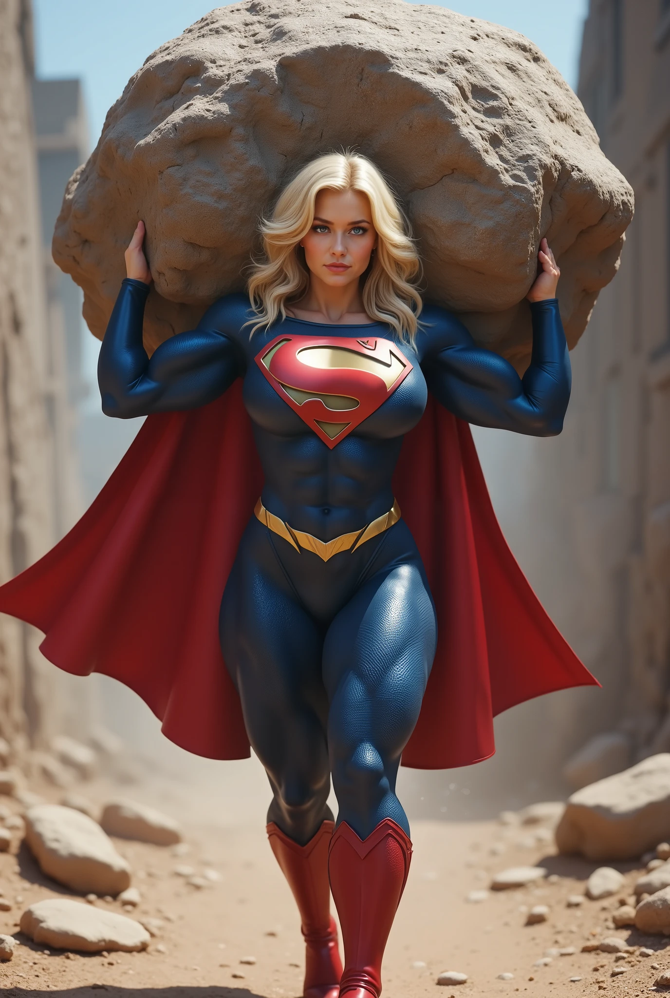 A SEXY BLONDE TEEN BABE WEARING A SUPERMAN SUIT AND CAPE WALKING WHILE CARRYING A HUGE BOULDER ON HER SHOULDER .PREFESSIONAL 8K PHOTOGRAPHY, HIGH RES, 4K, 8K. LIGHT PALE BLUE EYES. CLEAVAGE SHOWING, PROUDLY WEARING THE "S" EMBLEM.