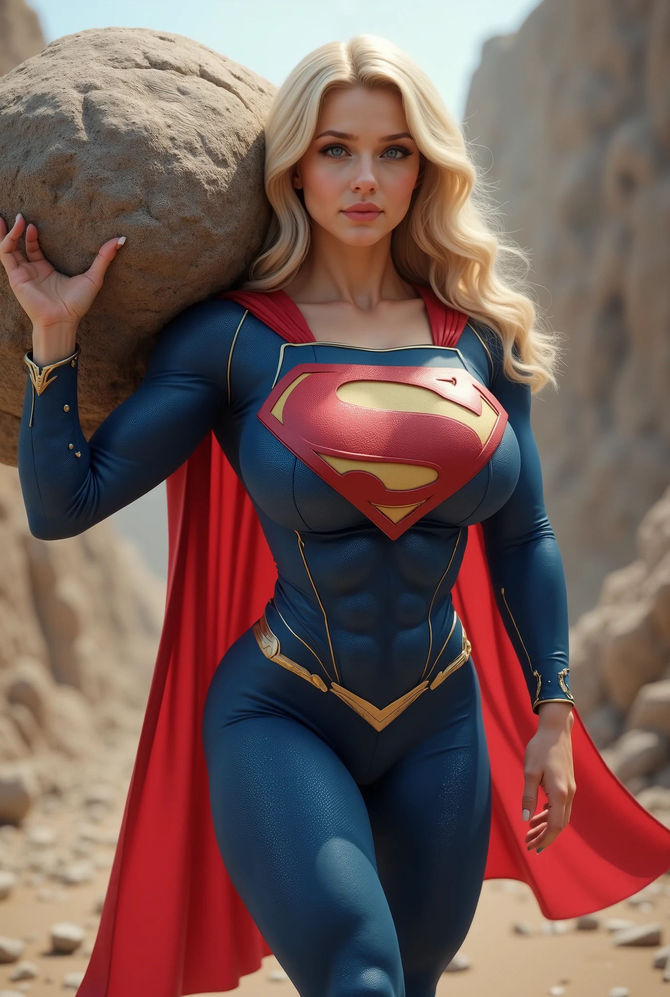 A SEXY BLONDE TEEN BABE WEARING A SUPERMAN SUIT AND CAPE WALKING WHILE CARRYING A HUGE BOULDER ON HER SHOULDER .PREFESSIONAL 8K PHOTOGRAPHY, HIGH RES, 4K, 8K. LIGHT PALE BLUE EYES. CLEAVAGE SHOWING, PROUDLY WEARING THE "S" EMBLEM.