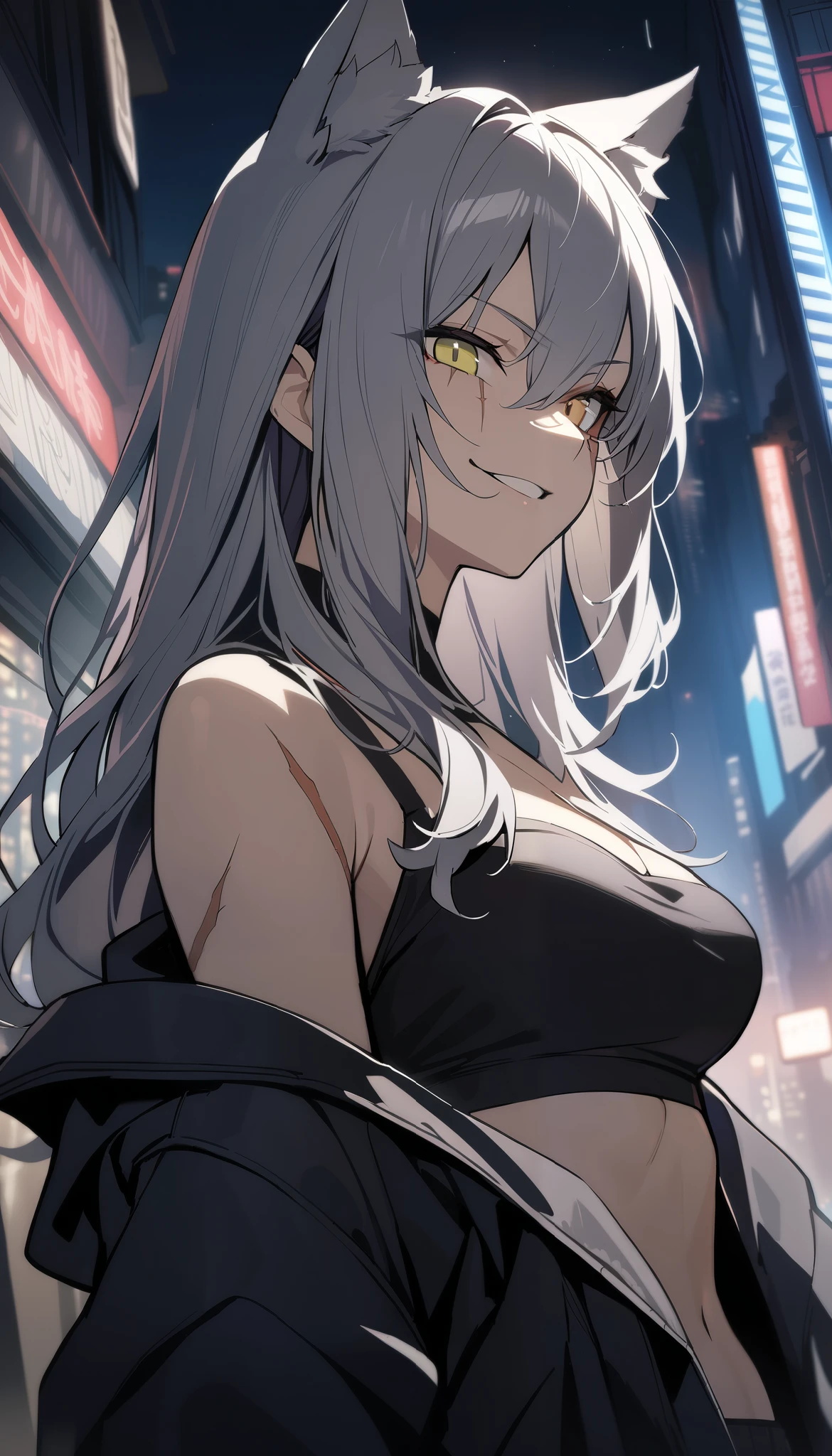 masterpiece, best quality, very aesthetic, absurdres, 1girl, silver hair, ponytail hair, tsurime, red eyes, large breasts, cleavage, black dress, plunging neckline, expressionless, hotel, crowd, serious
