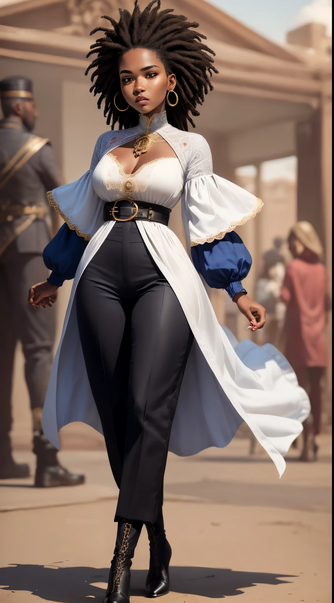 Based on everything we've discussed so far , aqui está uma descrição detalhada do personagem Oddara e sua roupa única:
Oddara , a 20-year-old young man of African origin , is renowned for his style and charisma . Her Rastafarian hair , long and well-groomed, sways gently in the wind , adding movement to her imposing figure . Her long dark blue tunic , adorned with red triangles instead of the traditional clouds , is a reflection of his personality bold and innovative .
The tunic is fitted at the waist with a golden rope belt , that contrasts elegantly with the dark fabric . underneath, Oddara usa uma blusa de renda creme, with intricate patterns that appear subtly on the sleeves and neckline . The straight-cut black pants complete The visual , along with black leather boots that add a touch of robustness to the set .
Oddara carrega consigo um ar de mistério e confiança, stands out wherever she goes . He is a character that combines tradition and innovation , representing his heritage with pride while exploring new style possibilities.
I hope you enjoyed the detailed description ! If you need something else , I'm here to help .