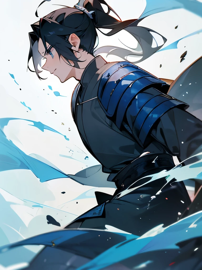 Mature adult man ((masculine and youthful face)) army general, blue eyes, black hair tied in a ponytail, blue armor, sword of the sea god Susano'o, manhua style