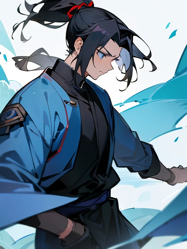 Mature adult man ((masculine and youthful face)) army general, blue eyes, black hair tied in a ponytail, blue armor, sword of the sea god Susano'o, manhua style