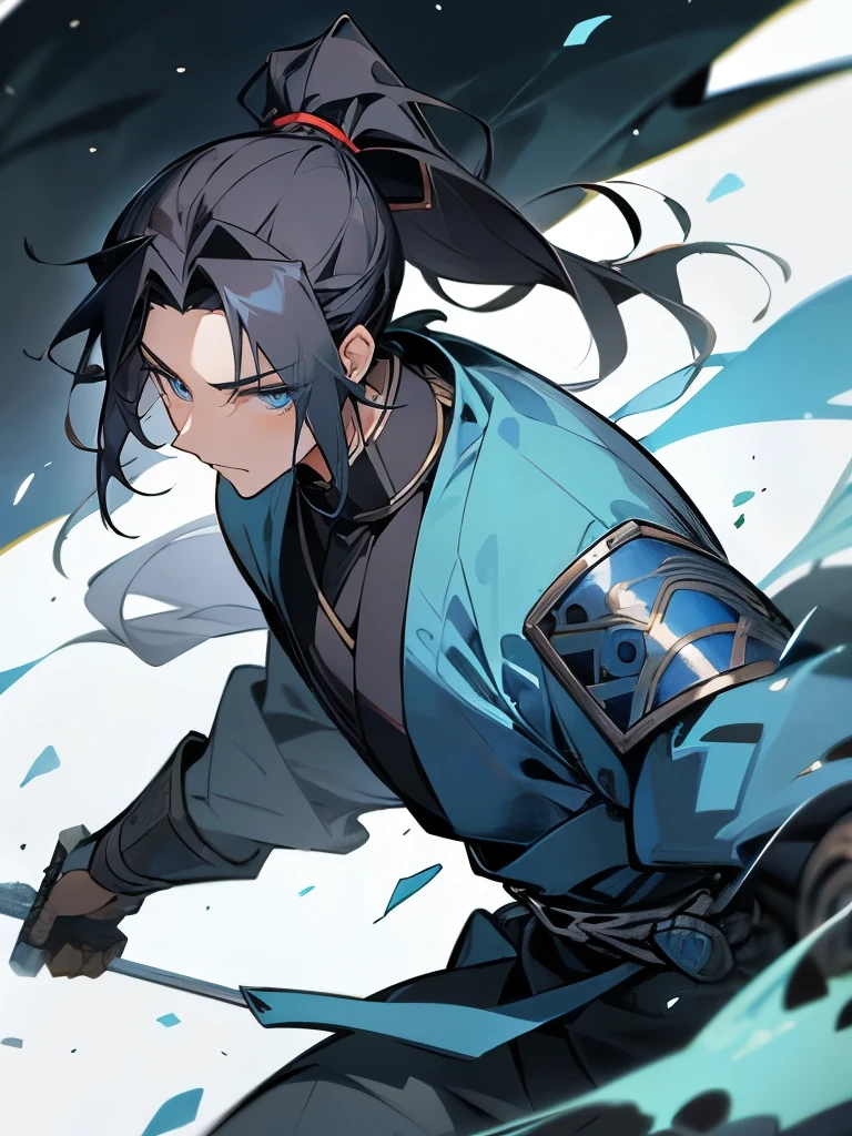 Mature adult man ((masculine and youthful face)) army general, blue eyes, black hair tied in a ponytail, blue armor, sword of the sea god Susano'o, manhua style