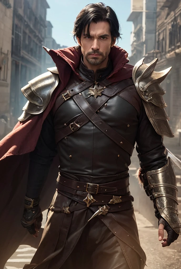 , a man in leather armor, 183 tall , black hair, , two daggers on each side , Sheathed rapier, in the robe of a rogue