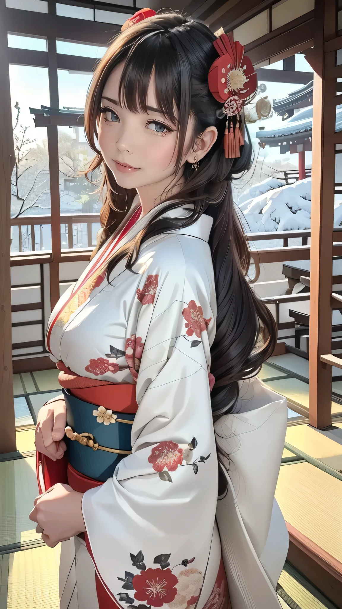 It depicts a beautiful Japanese woman in a kimono、shiny skin, large breasts:0.5, looking up, watching the view, beautiful hair, beautiful face, beautiful detailed eyes, (middle hair:1.5, japanese hair:1.5), black hair, blue eyes, (((red floral kimono), hair ornament)), ((smile:1.5, open your mouth wide)), walking, (beautiful scenery), winter, dawn, (new year's day, first visit),crowd, snow, snowfall:1.5, freezing weather, frost, (8k, top-quality, masterpiece:1.2, extremely detailed), (photorealistic), beautiful illustration, natural lighting,((perfect anatomy, anatomically correct, super detailed skin)),