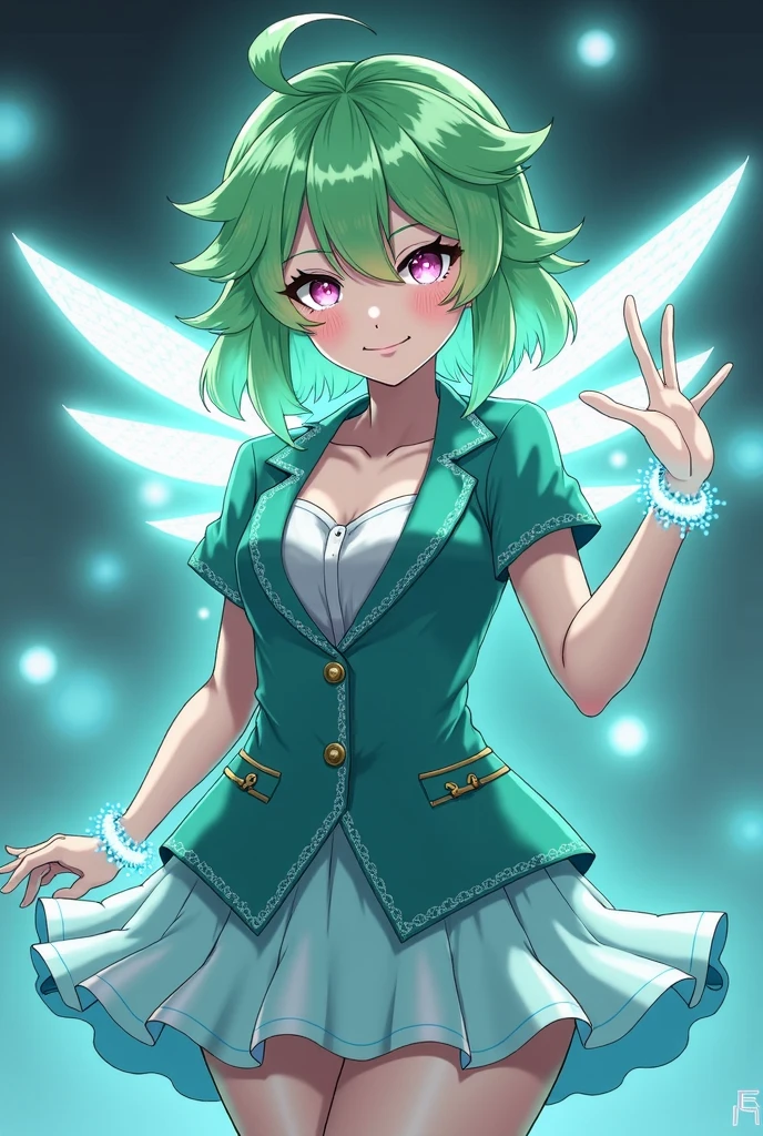Rina Hikari's first transformation in SuperTrophyBox is called "Luminary Heart."
When she activates this transformation, her appearance undergoes a radiant shift, with her long hair glowing a brighter, more ethereal green, her skin brown, and her eyes sparkling with an intensified pink hue. The glowing seams on her blazer become more vibrant, and her holographic bracelet expands into a set of shimmering wings made of light, symbolizing her evolving power. Her skirt takes on a more fluid, liquid-like quality, reflecting the emotional waves around her. In the Luminary Heart form, Rina gains heightened abilities to influence not only the perceptions of others but also the emotional atmosphere of her surroundings. This transformation allows her to amplify her illusions, making them more vivid and powerful, and even evoke intense feelings in her opponents, disorienting them and leaving them vulnerable. The Heart Mirror becomes an even more potent tool in this state, granting Rina the ability to momentarily glimpse into the deepest desires and fears of those around her, giving her an edge in both the game and any personal conflicts she faces.
The transformation symbolizes her deepening connection to the Divine Game, as well as her ability to balance affection with manipulation, making her a force to be reckoned with.