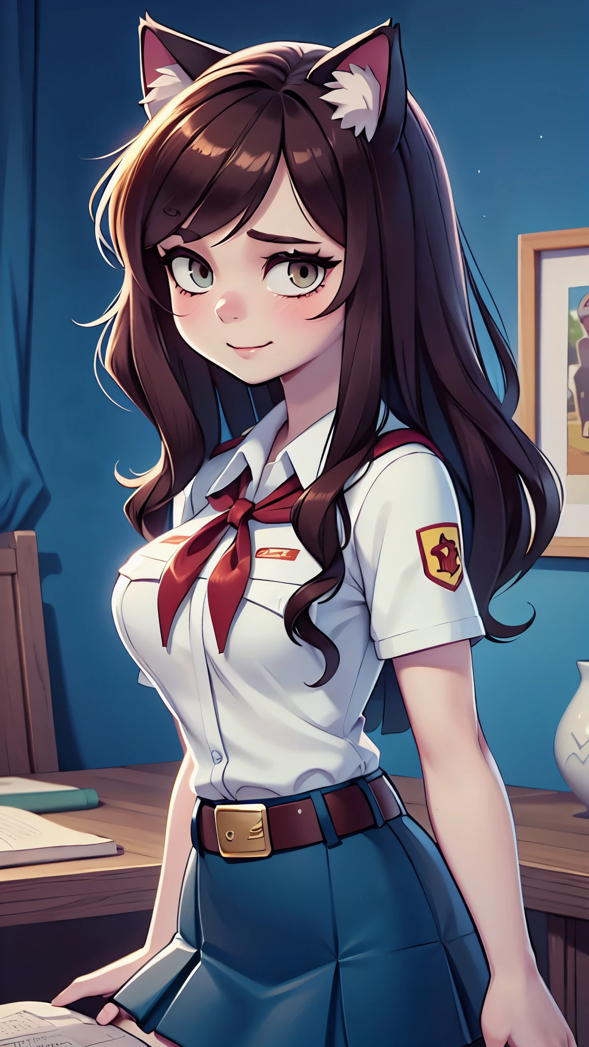 high quality picture, UHD, perfect light, detailed picture, masterpiece, very young slim fit girl, full height, rounded face, (long curly disheveled brown hair:1.2), big brown eyes, shy smile, perfect medium breast, band on head with fake cat ears, pioneer neckerchief, short tight blue pleated skirt, bangs, tight white shirt, short sleeves, collared shirt, belt, red neckerchief, breast pocket, epiCPhotoGasm-colorfulPhoto, negative_hand, ariawm