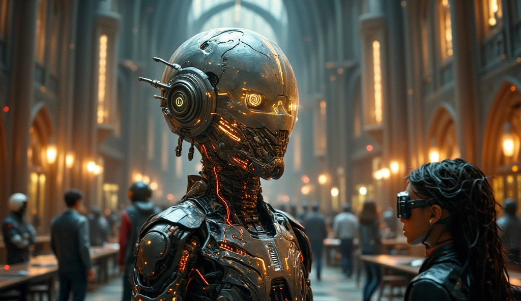 " A cyborg , magically floating above the head of a young man , adapted to the style of the selecting hat . The helmet is a fusion of advanced technology and magical design : on metal surface is decorated with shiny runes and circuit lines that pulse with a golden light . It has expressive holographic eyes and an animated mouth that moves while speaking , projecting a soft golden glow . The helmet includes small side antennas and a front holographic crystal that shows symbols of Hogwarts houses (Gryffindor, slytherin, Ravenclaw and Hufflepuff ). The teacher, dressed in a futuristic uniform , holds it carefully before placing it . The background shows a futuristic room inspired by cathedrals , with translucent glass walls and metallic details , where other students observe with amazement , virtual reality headset seated at long technological tables . The warm and magical lighting highlights the advanced helmet and environment and solemn ."