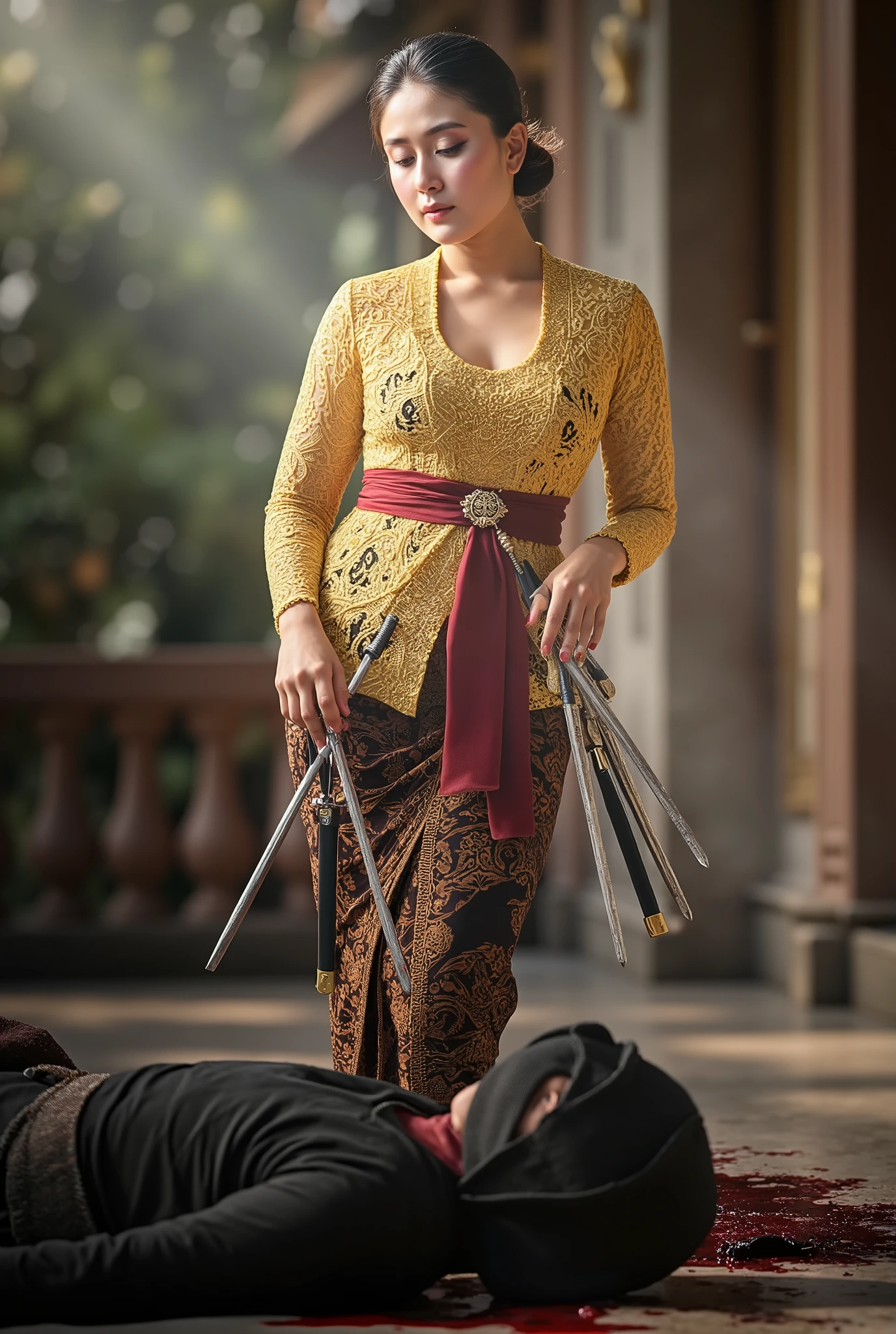 hight quality, Realistic, very beautiful girl, male full face mask, male die, male neck slashed, male neck bloody splash, several long knife stuck into male neck, male ninja, deadly girl, , male hoodie, mansion, girl kebaya