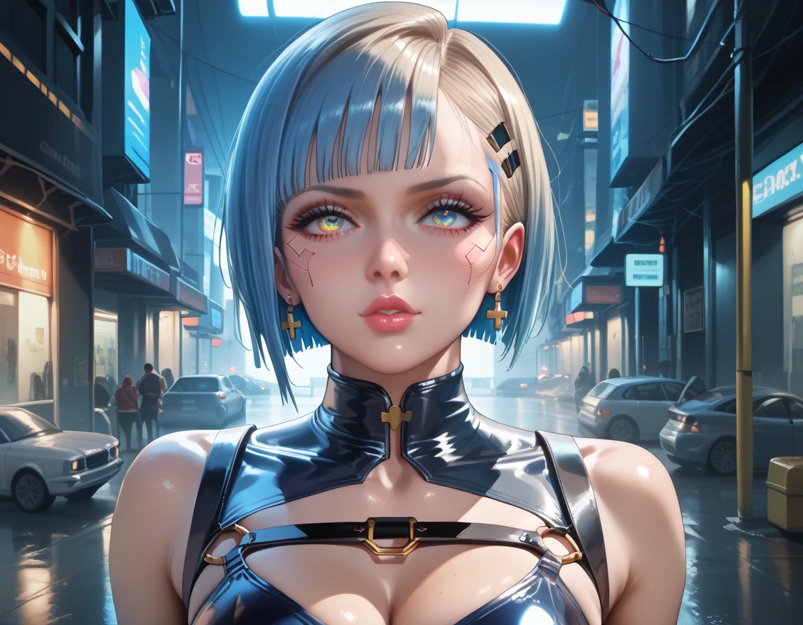 upper_body shot, portrait, dynamic angle, (realistic anime style:1.4), cyberpunk aesthetic, commercial photo, cover poster art, (masterpiece:1.25), (best quality:1.25), highest detail, extreme intricate detail, rich details, photo realistic skin texture, (Adriana Lima:1.4), 1woman, model, centerfold, beautiful, ultra detailed eyes, long eyelashes, (heavy makeup:1.25), platinum blonde, neat short hair, sidebob haircut, fully tattooed sleeves both arms, skinny, wearing cyberpunk apparel, (alarmed suspicious facial expression), cinematic, depth of field, sci fi, futuristic, hyperrealistic, dramatic lighting, lucid, vivid, vivid contrast, vivid colors, high dynamic range, clear shadows and highlights, hdr, uhd, 32k