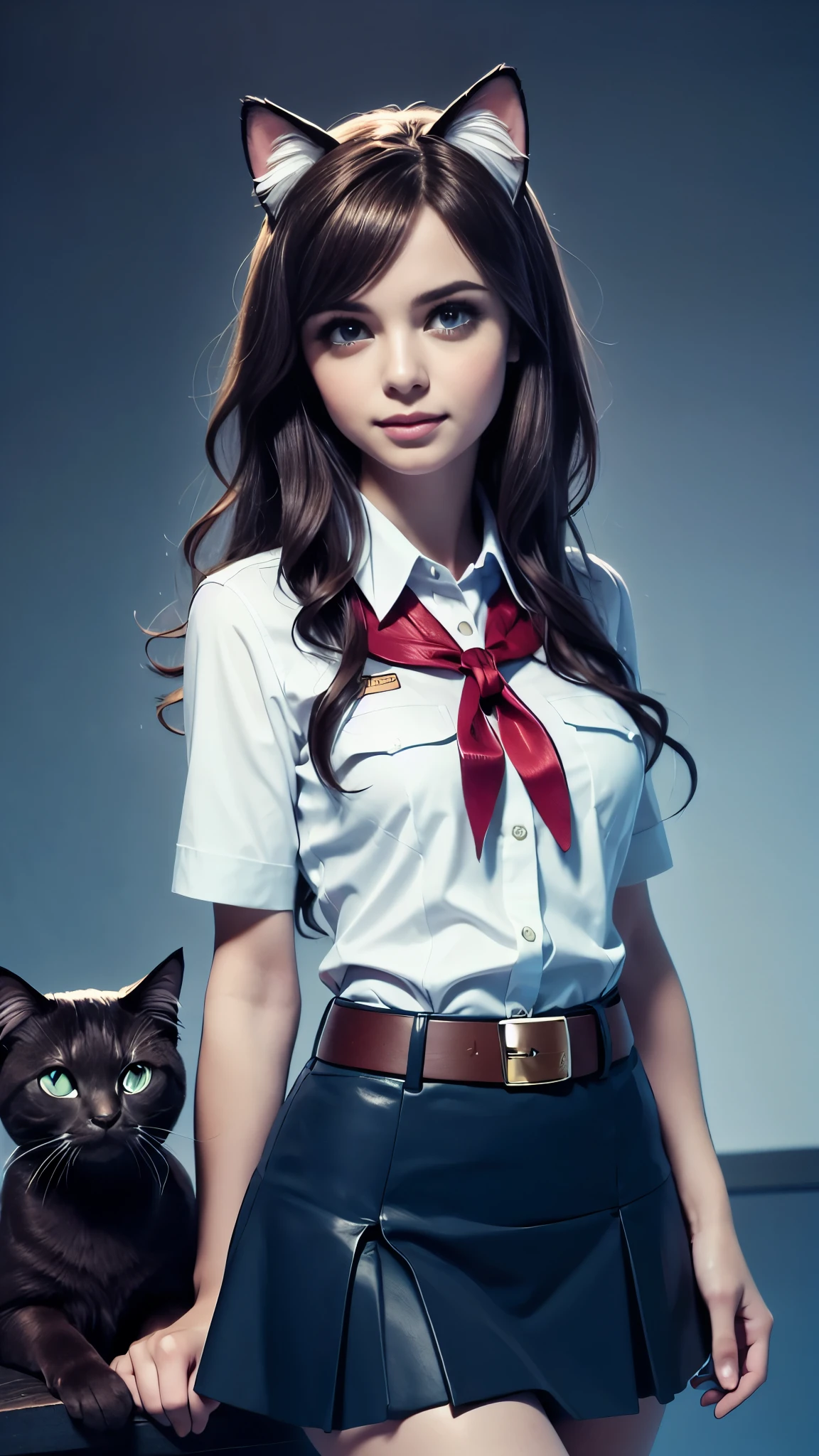 high quality picture, UHD, perfect light, detailed picture, masterpiece, very young slim fit girl, full height, rounded face, (long curly disheveled brown hair:1.2), big brown eyes, shy smile, perfect medium breast, band on head with fake cat ears, pioneer neckerchief, short tight blue pleated skirt, bangs, tight white shirt, short sleeves, collared shirt, belt, red neckerchief, breast pocket, epiCPhotoGasm-colorfulPhoto, negative_hand, ariawm