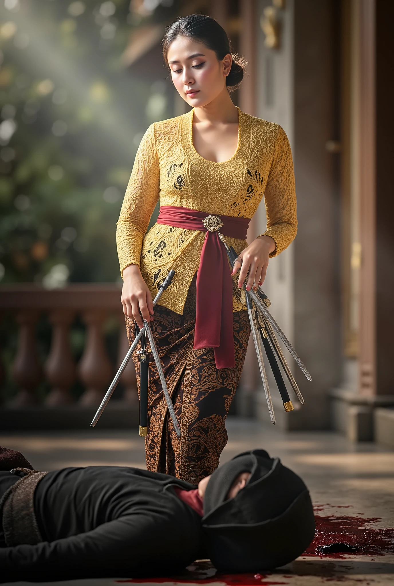 hight quality, Realistic, very beautiful girl, male full face mask, male die, male neck slashed, male neck bloody splash, several long knife stuck into male neck, male ninja, deadly girl, , male hoodie, mansion, girl kebaya