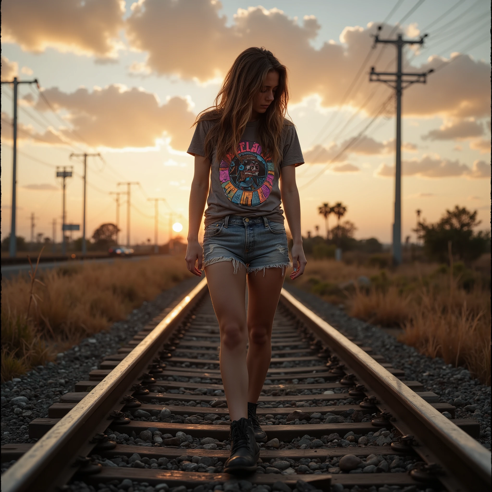 Professional photography in black and white of an 18-year-old girl walking along an abandoned train track, her long brown hair tousled by the summer breeze. She wears a gray t-shirt with a psychedelic print and frayed denim shorts, her gaze fixed downward thoughtfully. The track is surrounded by California vegetation—golden grass and scattered shrubs—with distant transmission towers and power lines visible through a soft depth of field. The summer sunset bathes the scene in warm, golden light, with sunbeams breaking through sparse clouds, creating a 'ray of god' effect. Airplane trails crisscross the sky, and a subtle bokeh adds cinematic depth, enhancing the atmosphere of solitude and introspection. The shot is from a bottom view.