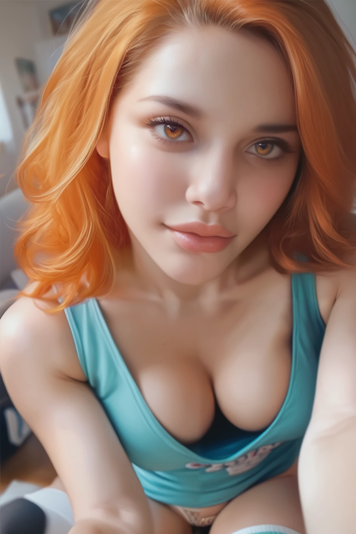 (photorealism:1.2), score_9, score_8_up, score_7_up, 1 girl, pov, orange hair, thigh-high socks, tank top, cleavage, lacy thong,