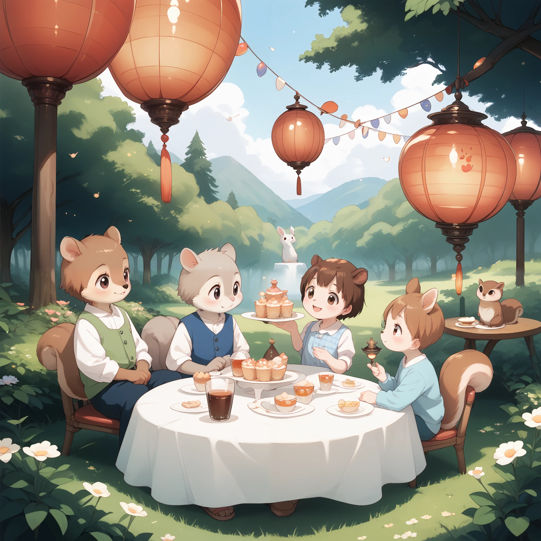 Studio Ghibli-inspired anime illustration,Young ren seated at a whimsical tea party table in a clearing, joined by anthropomorphic forest animals like rabbits, squirrels, and owls, under a sky of floating lanterns.
