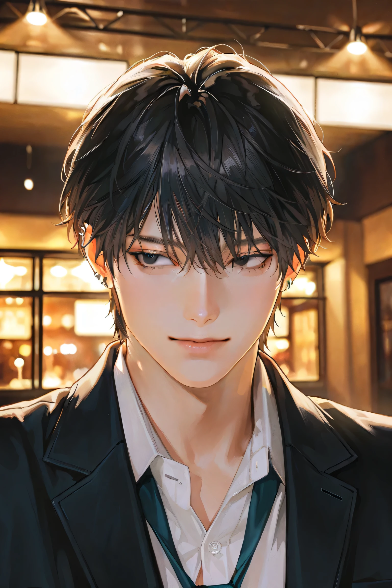 (masterpiece:1.2, Best Quality, Ultra Detailed Face and Eyes), cold face, mature male, handsome, 1 man, male-centered, handsome man, Thick painted, Perfect eyes, semi-realistic art, semi-realistic art style, expressive brushstrokes, vibrant brushstrokes, Impressionist painting, realistic due diligence skin, realistic due diligence hair, realistic details, realistic due diligence, best resolution , in the luxury pub details room, dark puple black hair, dark puple eyes, short hair, beautiful face, Photo Realistic, best resolution, censorship removed, coppery skin, Alone, Background blur, movie lights, vignettes, film grain/old movie filter, blurry view, short hair, dark hair, male focus, handsome man, thickly painted, Semi-realistic art, Semi-realistic art style, expressive brushstrokes, vibrant brushstrokes, impressionistic painting, realistic skin, realistic hair, realistic details, photo-realistic, high details, natural curly hair, Korean school uniform, Korean winter uniform and Tie, mature man, 1 man , handsome man, bad, Mouth tightly shut, I have a lot of ear piercings, Silver accessories