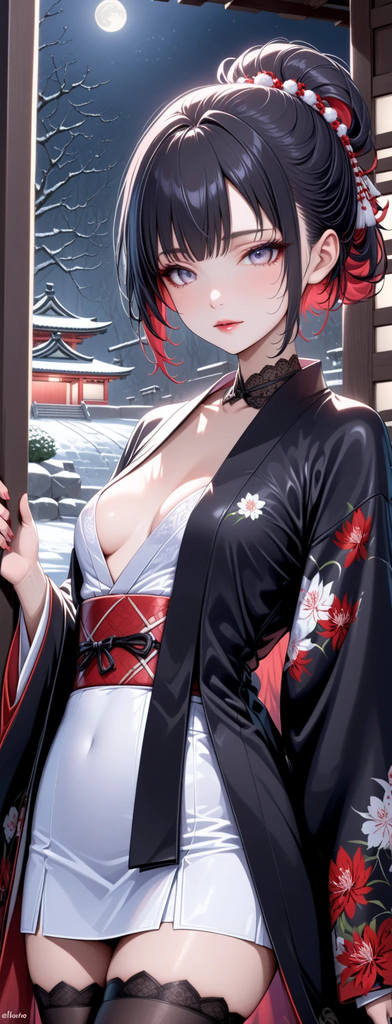 masterpiece: 1.2, best quality), anime, (real picture, intricate details, depth of field), (1girl, solo), perfect eyes, perfect face, perfect hands, perfect lighting, makeup, lips half-open, elf, highly detailed, perfect face, (huge breasts: 1.4), (skindentation), thick thighs, wide hips, thin waist, high, shiny coral lips, silver hair, blue eyes, big ponytail, (A girl, Japanese kimono, fan in hands), (sweat: 1,2), (wet), sexy, blushing,