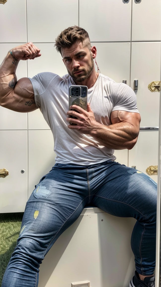 Masterpiece, denoise, void noise, one man, best quality, 8k resolution, male focus, focus only, amazing composition, great lighting, super quality, elegant, Very detailed, (front view), (body facing at viewer) -----------, 35 years old, ((mature face)), (muscular, slim body), handsome, ((detailed light-gray eyes, detailed eyes)), (thick eyebrows), hairy, ((light blonde hair, short straight hair)), (big ears), ((furry, bushy, thick hairy chest)), ((light blonde, bushy body hair)), detailed face, (((((Russell Tovey))))), --------------, ((wearing detailed brown full shorts)), ((sitting on the sand, beach)), (((rubbing pecs))), ((water waves hitting him)), ((holding frame like taking selfie)),
