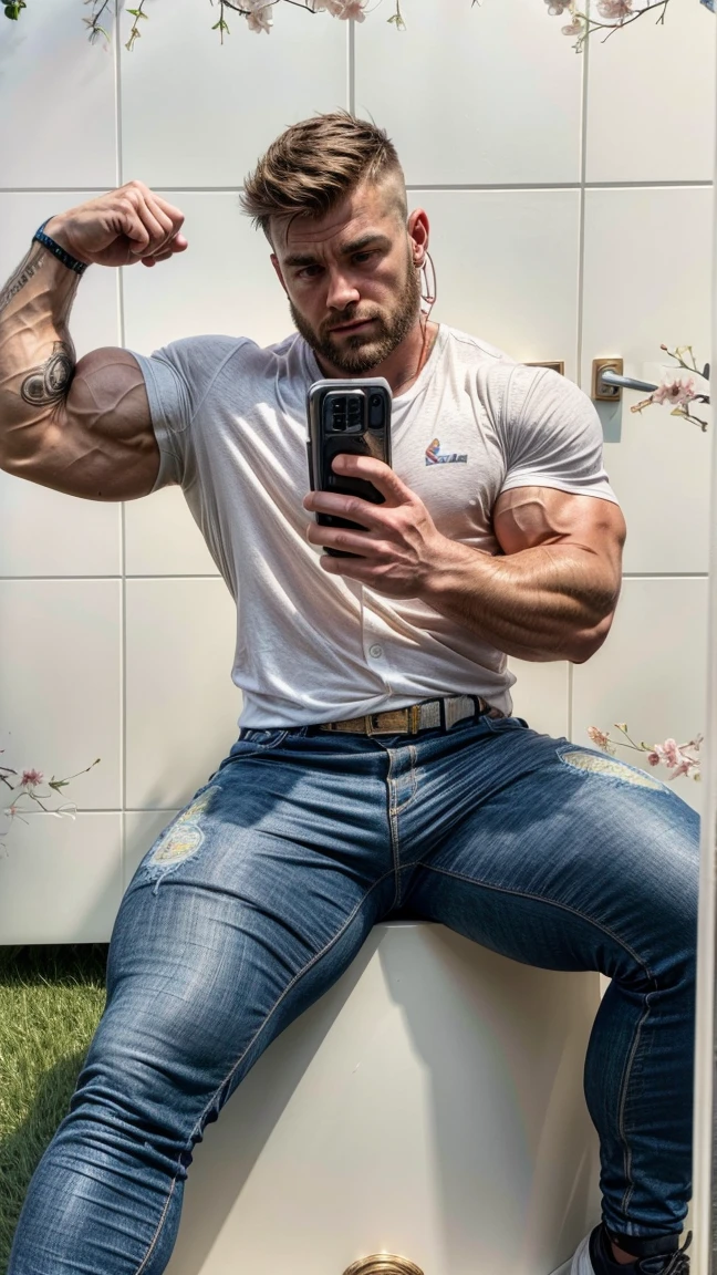 full view full body, Handsome young muscle bodybuilder 18 year old 190 cm gay model in gym shiny white latex swimming trunks, blonde undercut short haircut, gold signet ring, white Nike slides, sexy pose flexing wet and shiny skin portrait tattoo taking mirror selfie with phone pretty face wallpaper