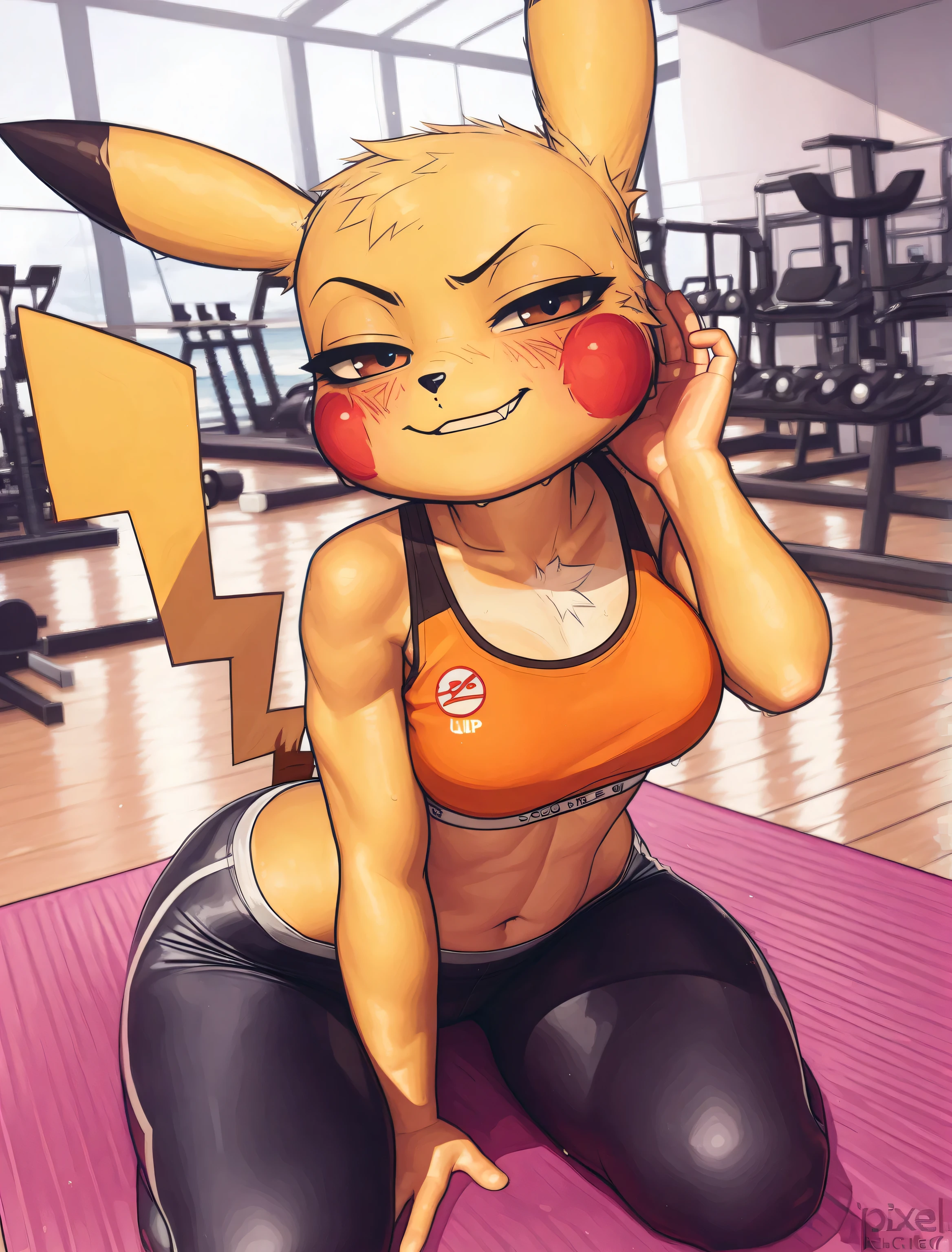 ((pikachu)), ((Pixelsketcher)), ((masterpiece)), ((high resolution)), {(attractive figure), (athletic body), (shortstack), ((yellow fur), (black nose), (pointed pikachu ears), (red pikachu cheeks), (female pikachu tail), (cute brown eyes), (half lidded eyes), (short yellow hair bang), (smug grin)}, {(orange sports bra), (yoga pants)}, {(sitting on yoga mat), (looking at viewer)}, ((gym))