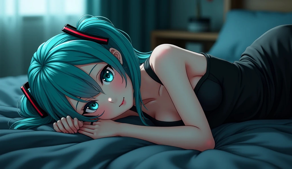 mature female, smiling, young adult, 20s, skinny, hatsune_miku_ecsta,
hatsune miku,
aqua hair, blush,  heart-shaped_pupils, face closeup, lying in bed