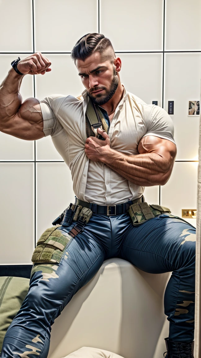 Movie poster, character design (Resident Evil - Chris Redfield, Chris Redfield) wearing a creamy white tactical suit, standing alone in the ruins of the apocalypse, with a sad expression, muscle male hero, heroic male pose, tall and burly, muscular! Wearing sunglasses, sexy charming muscular leg muscles, tall and burly, creamy white tactical suit, super buff and cool, high resolution committee, cream white combat boots, attractive strong men, blazing sun shining on the body