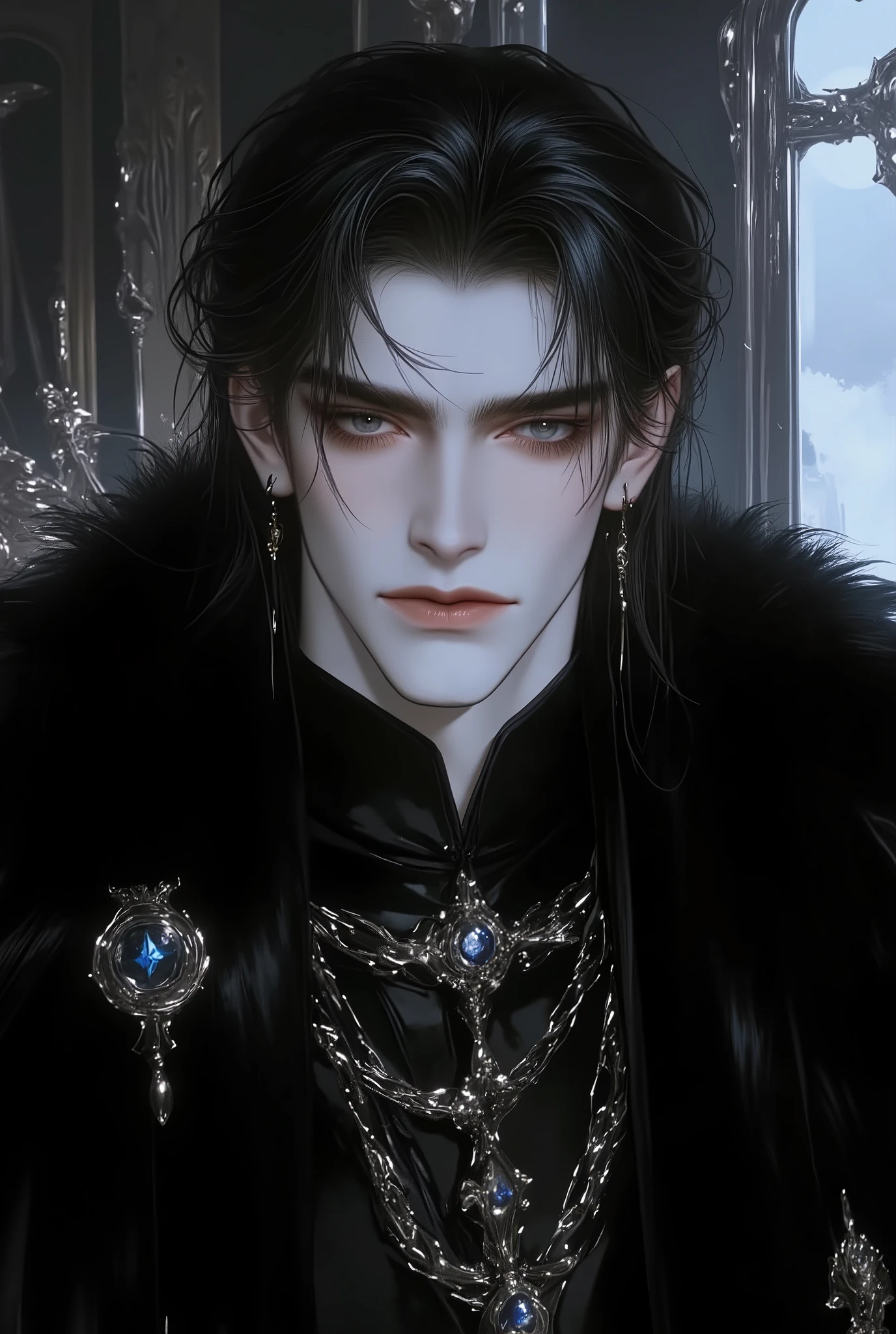 (Draw a duke with dark, slightly disheveled hair, and medium lenght. His skin is fair. The eyes are almond-shaped, dark, black, and slightly tired. His face is serious and stoic.)( The nose is straight, and the lips are medium in fullness. )(He wears a dark royal attire, with black fur-lined cloak, giving him graceful look. The shoulders are broad, a strong neck is visible, and the overall image speaks of his physical strength and secrecy.)(portrait, looking at the viewer. Make a scene in his palace, choose cool tones for the image and make low lighting intimidating the image, make an angle seen from below showing how sovereign he is.)