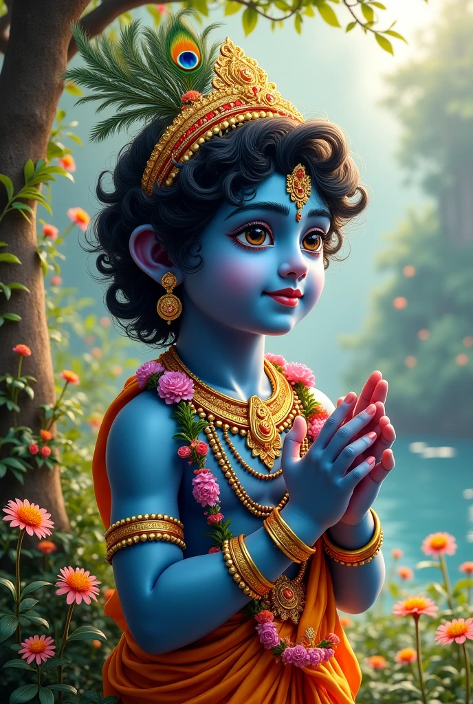 One boy worshipping  lord krishn handsome look of god and radha  By sitting in front of him and written Aaditya in his yellow tshisrt in his back 